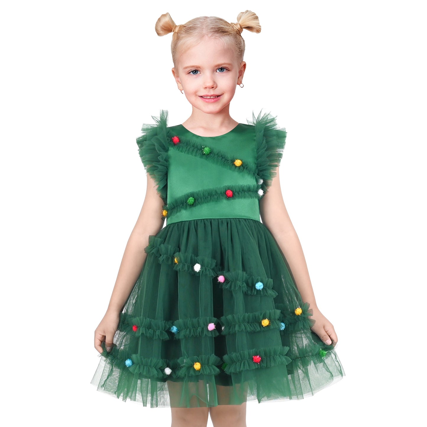 Girls Dress Black Gold Line Shiny Applique Princess Party Flare Sleeve Green