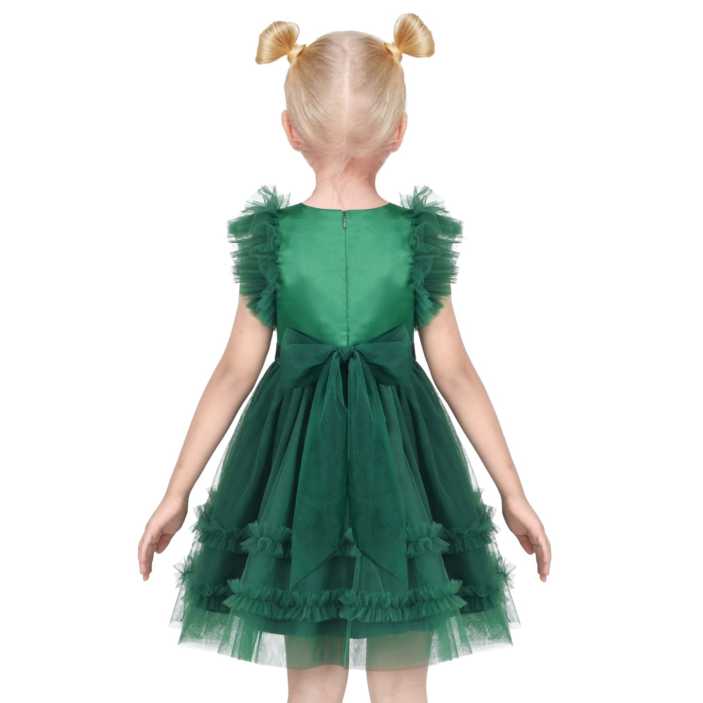 Girls Dress Black Gold Line Shiny Applique Princess Party Flare Sleeve Green
