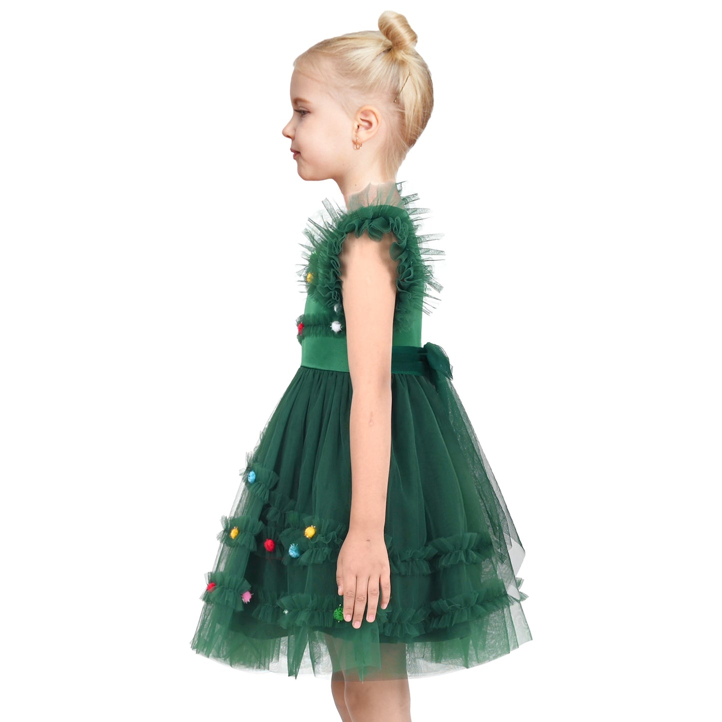 Girls Dress Black Gold Line Shiny Applique Princess Party Flare Sleeve Green