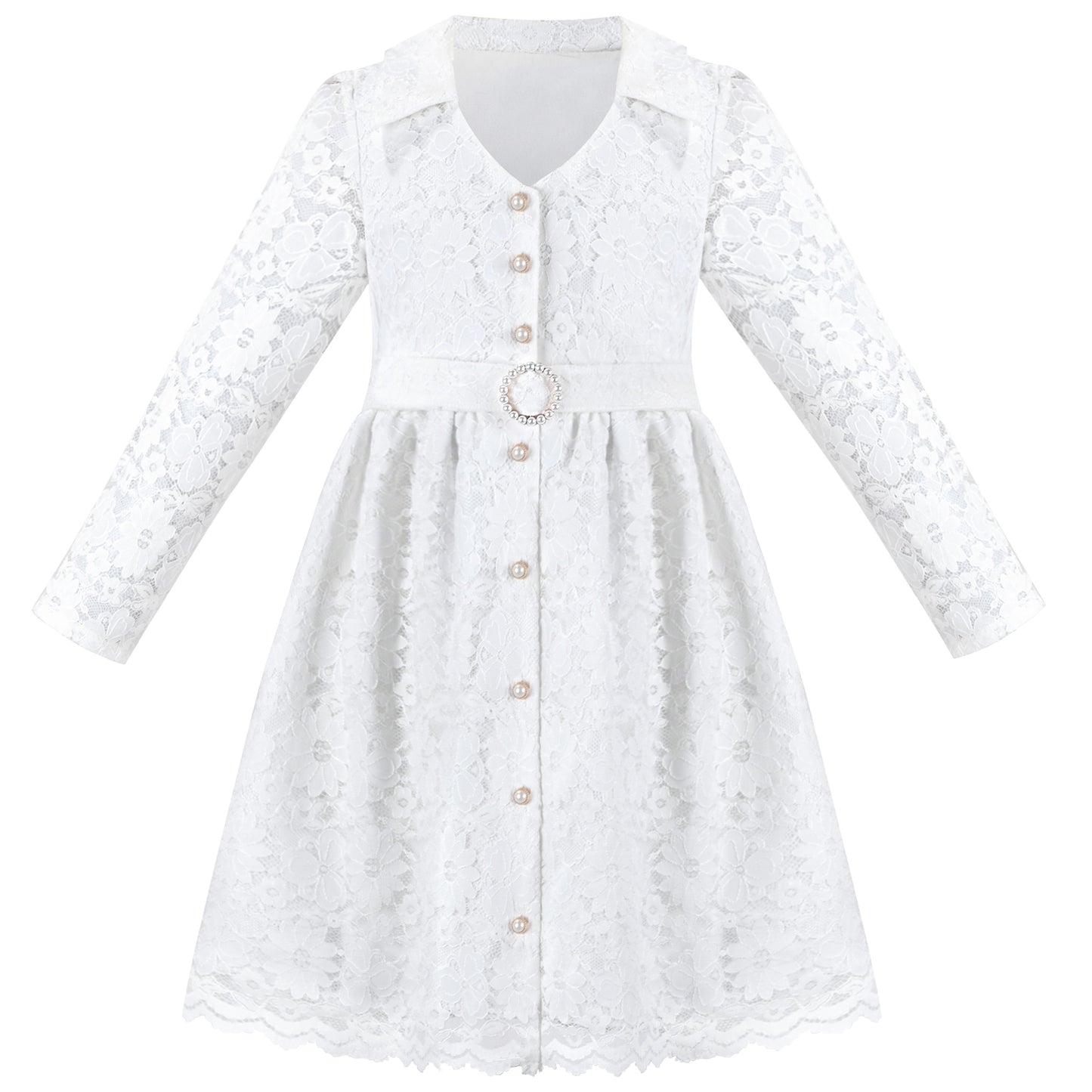 Girls Dress Flower Lace White Collar Skirt Dress White