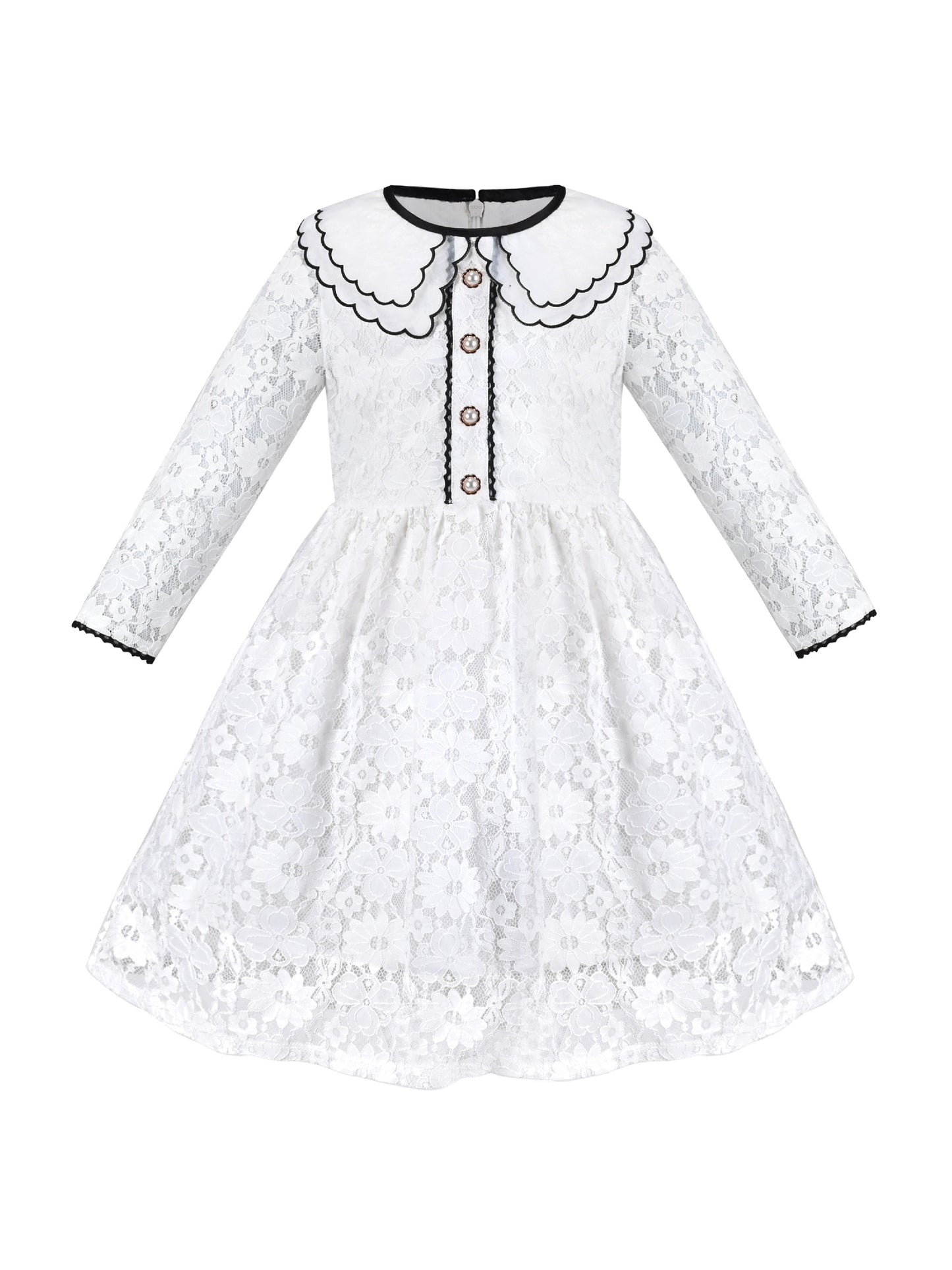 Girls Dress Flower Lace White Collar Skirt Dress White