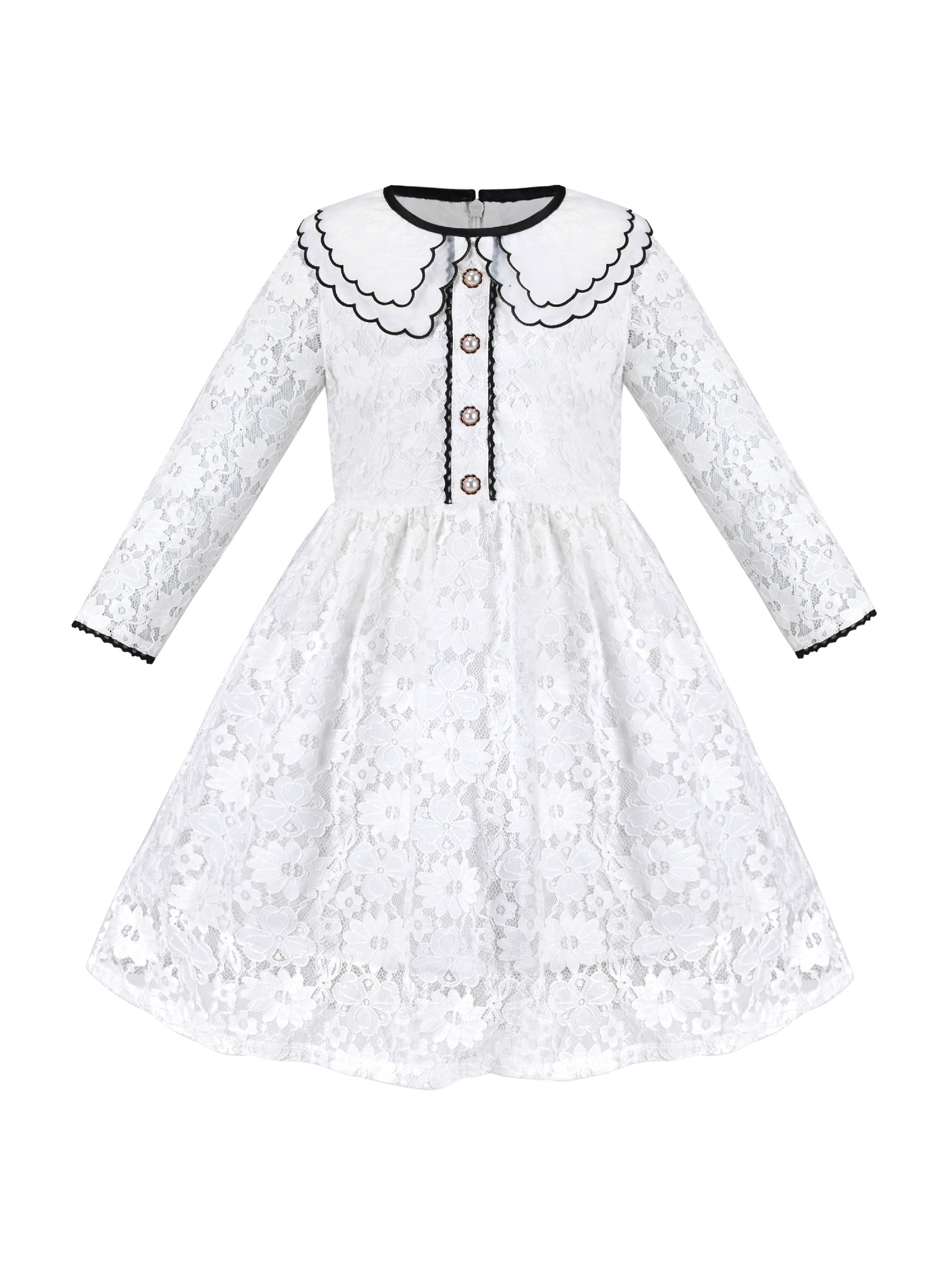 Girls Dress Flower Lace White Collar Skirt Dress White