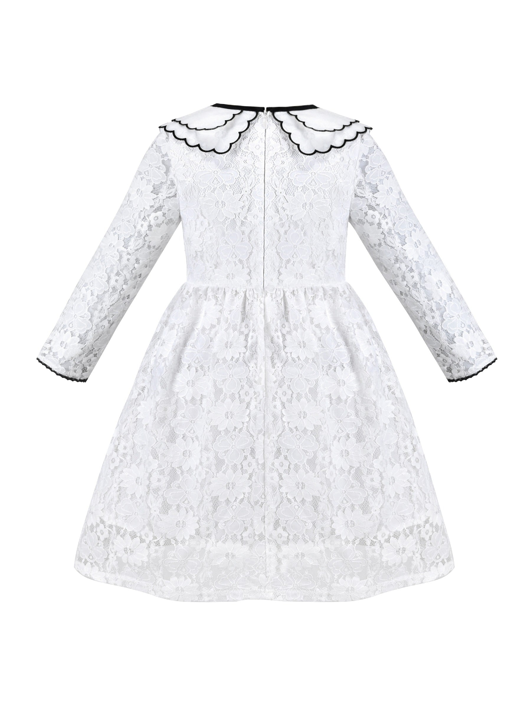 Girls Dress Flower Lace White Collar Skirt Dress White