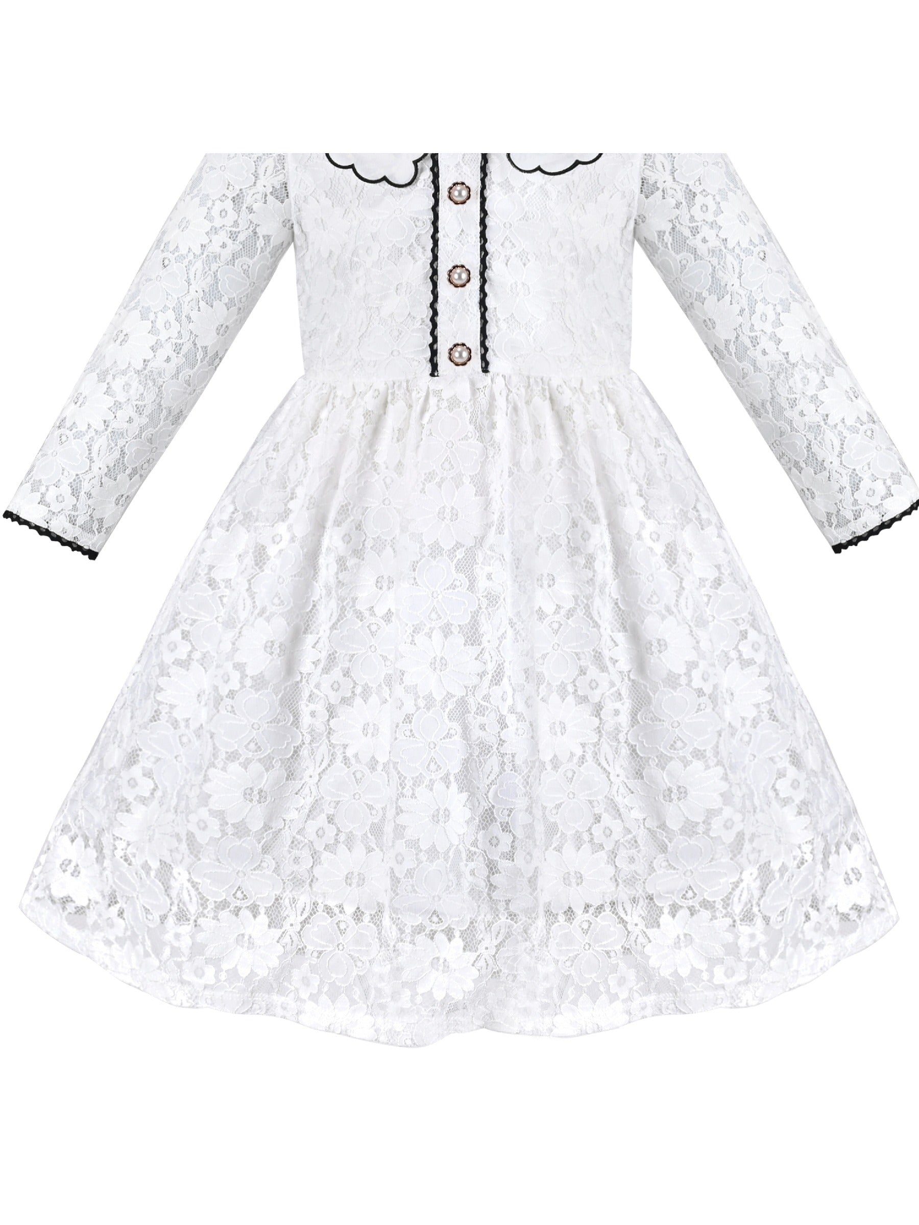 Girls Dress Flower Lace White Collar Skirt Dress White