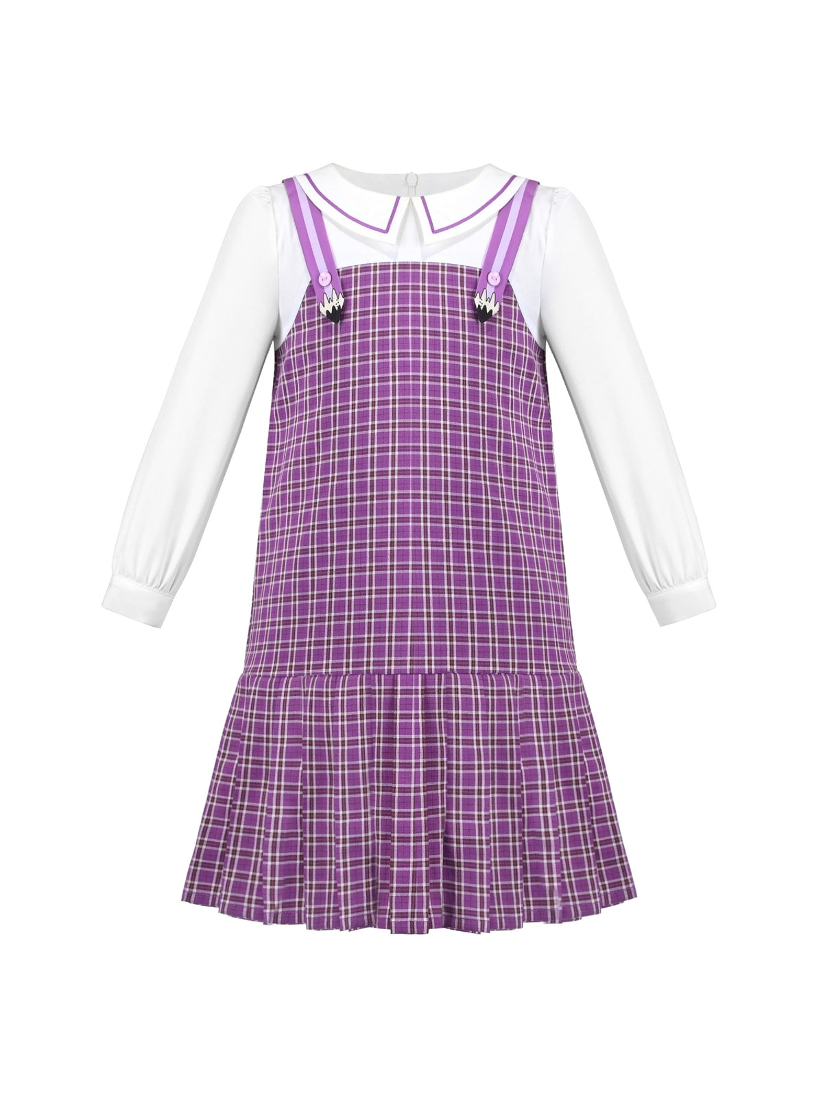 Girls Dress White Collar Back School Cotton Casual - Purple Plaid