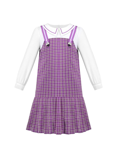 Girls Dress White Collar Back School Cotton Casual - Purple Plaid