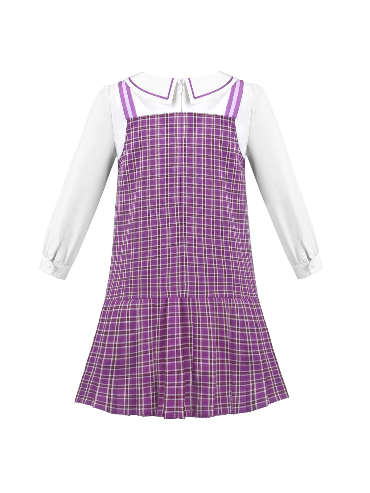Girls Dress White Collar Back School Cotton Casual - Purple Plaid