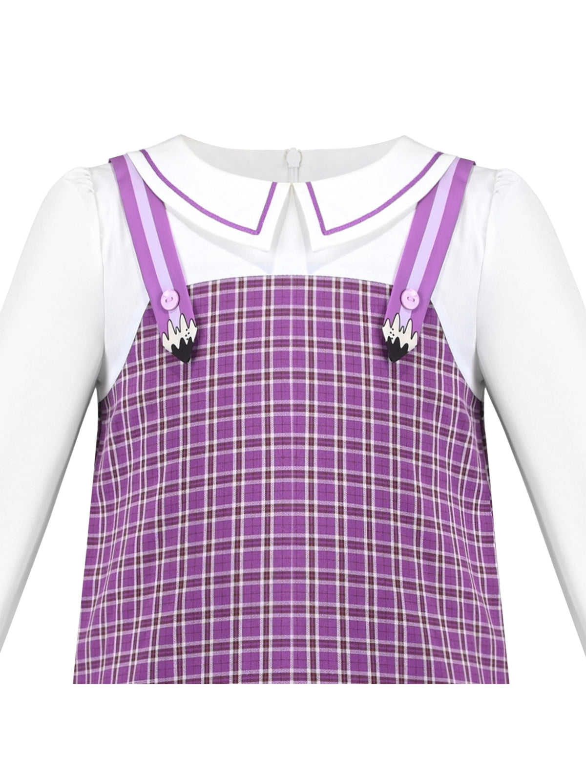 Girls Dress White Collar Back School Cotton Casual - Purple Plaid