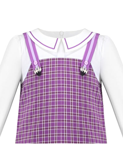 Girls Dress White Collar Back School Cotton Casual - Purple Plaid