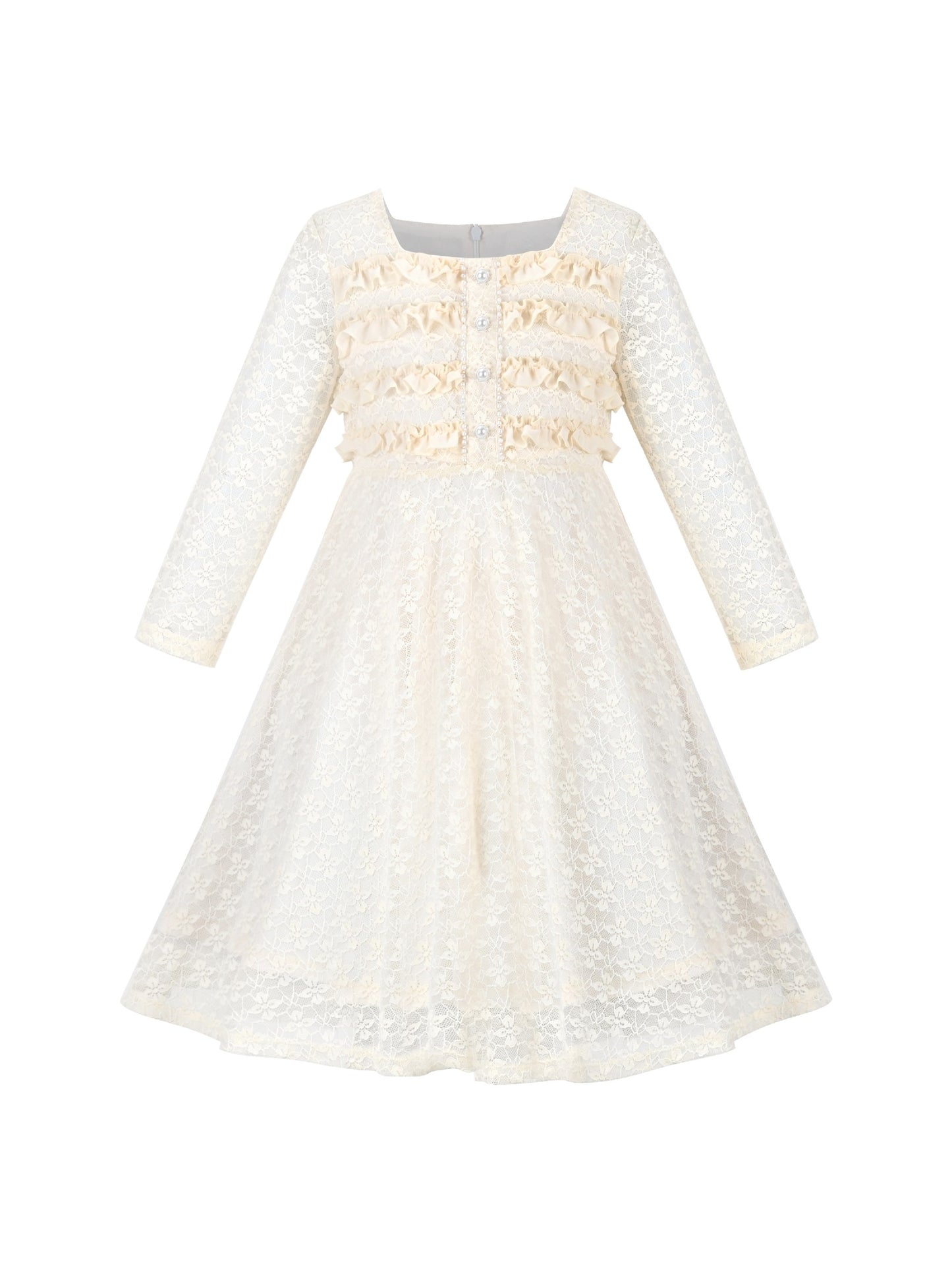 Girls Dress Flower Lace White Collar Skirt Dress Beige