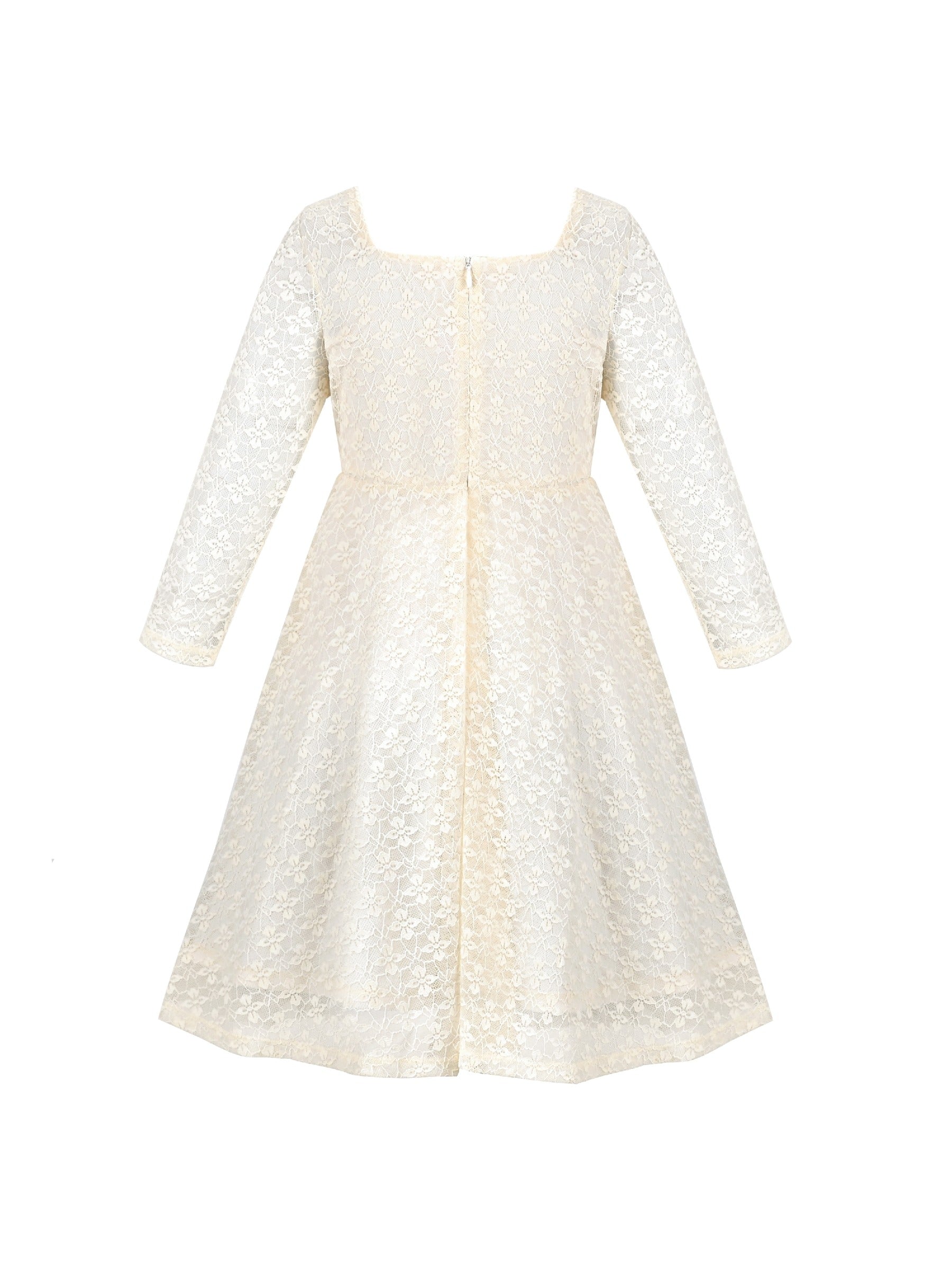 Girls Dress Flower Lace White Collar Skirt Dress Beige