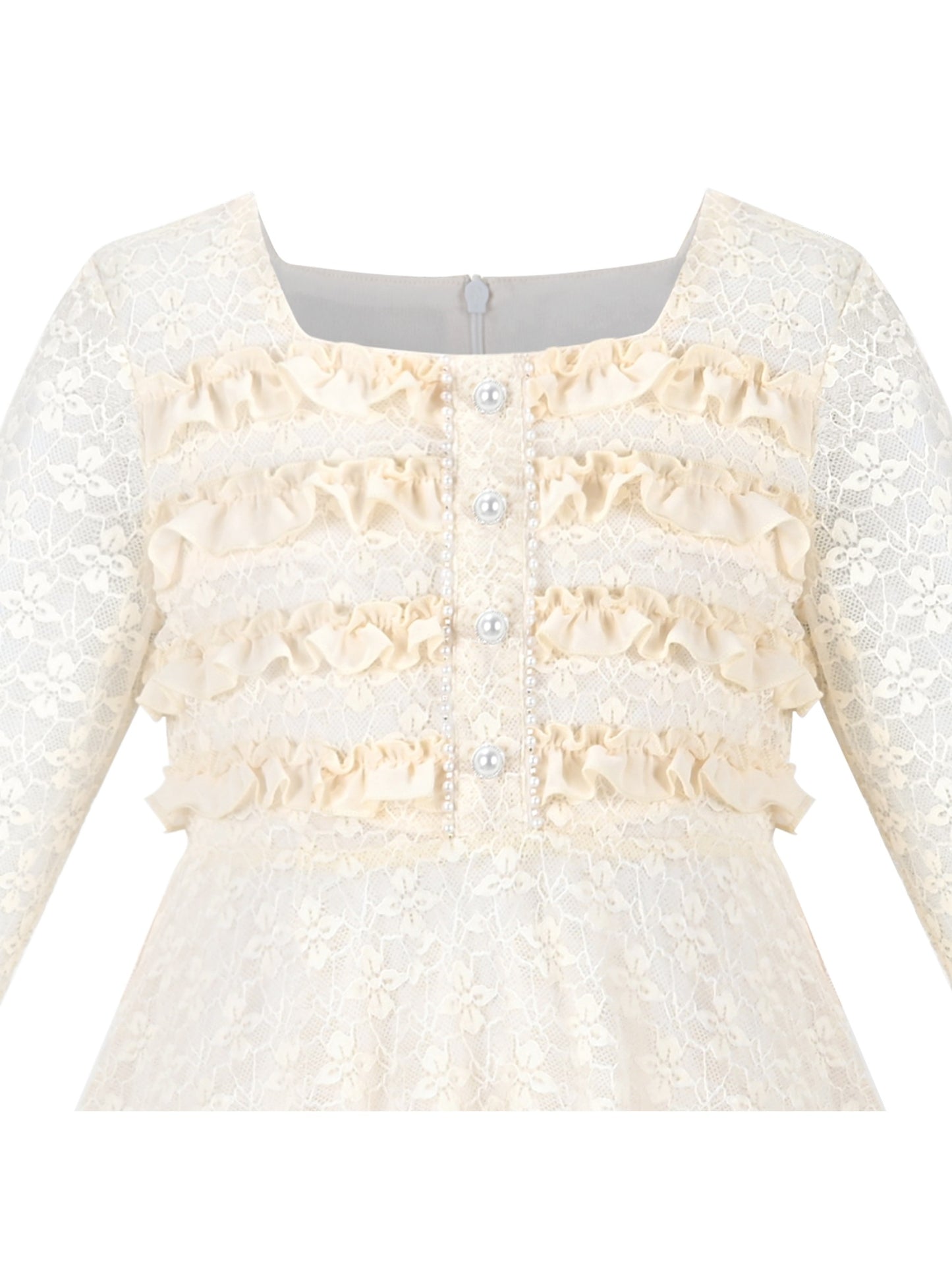 Girls Dress Flower Lace White Collar Skirt Dress Beige