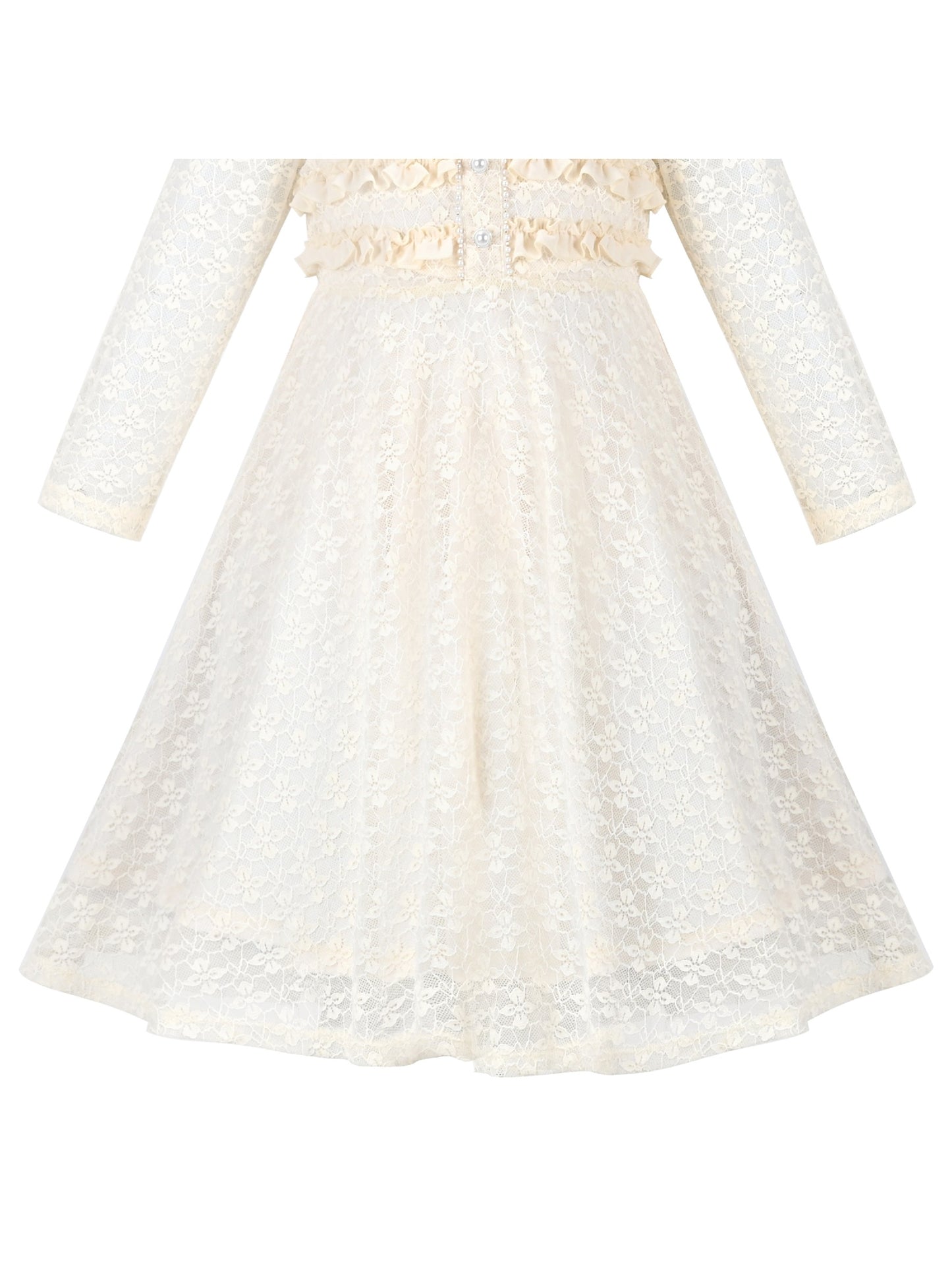 Girls Dress Flower Lace White Collar Skirt Dress Beige