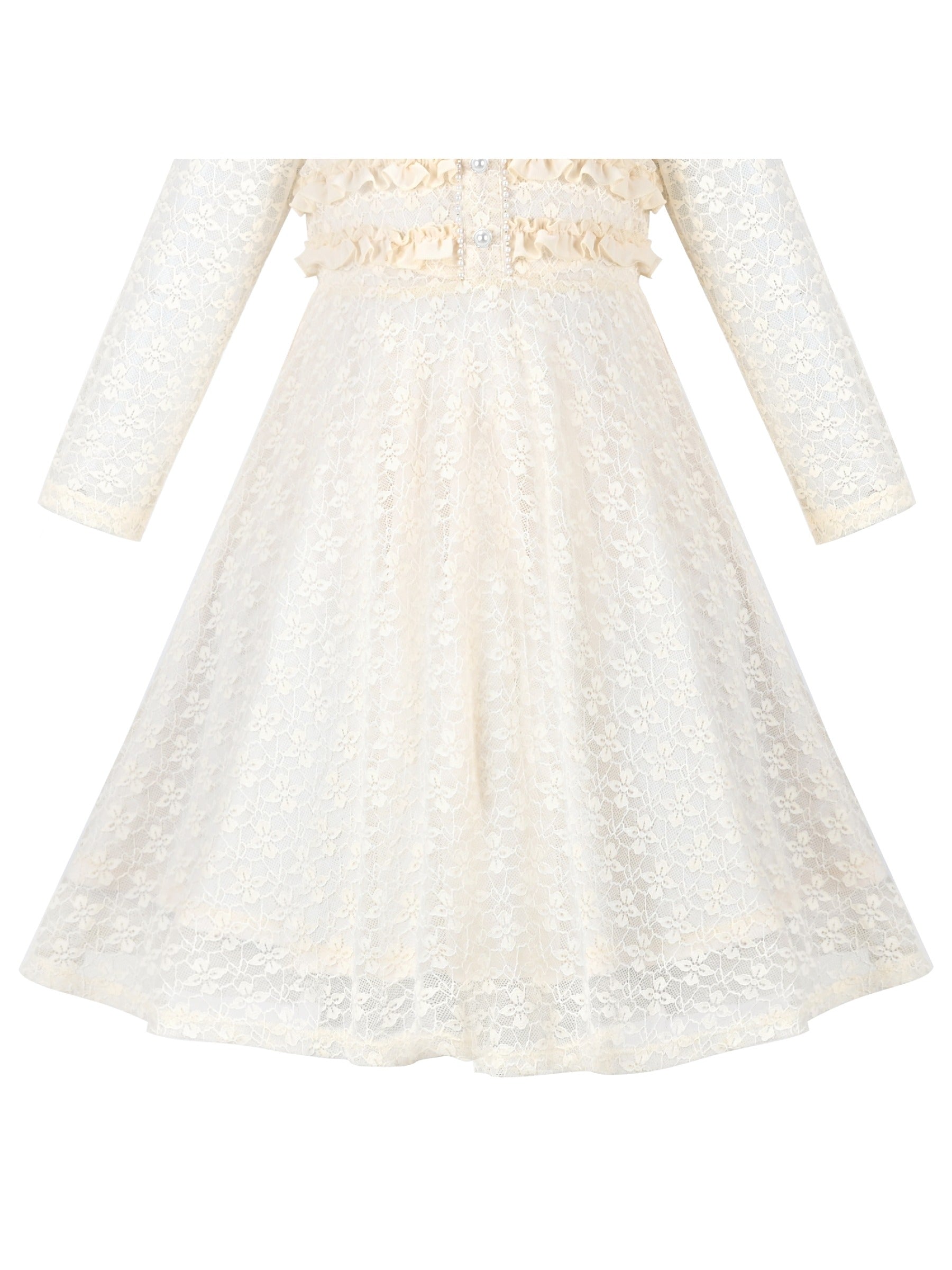 Girls Dress Flower Lace White Collar Skirt Dress Beige