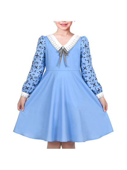 Girls Dress White Collar Back School Cotton Casual - Blue Ruler Print
