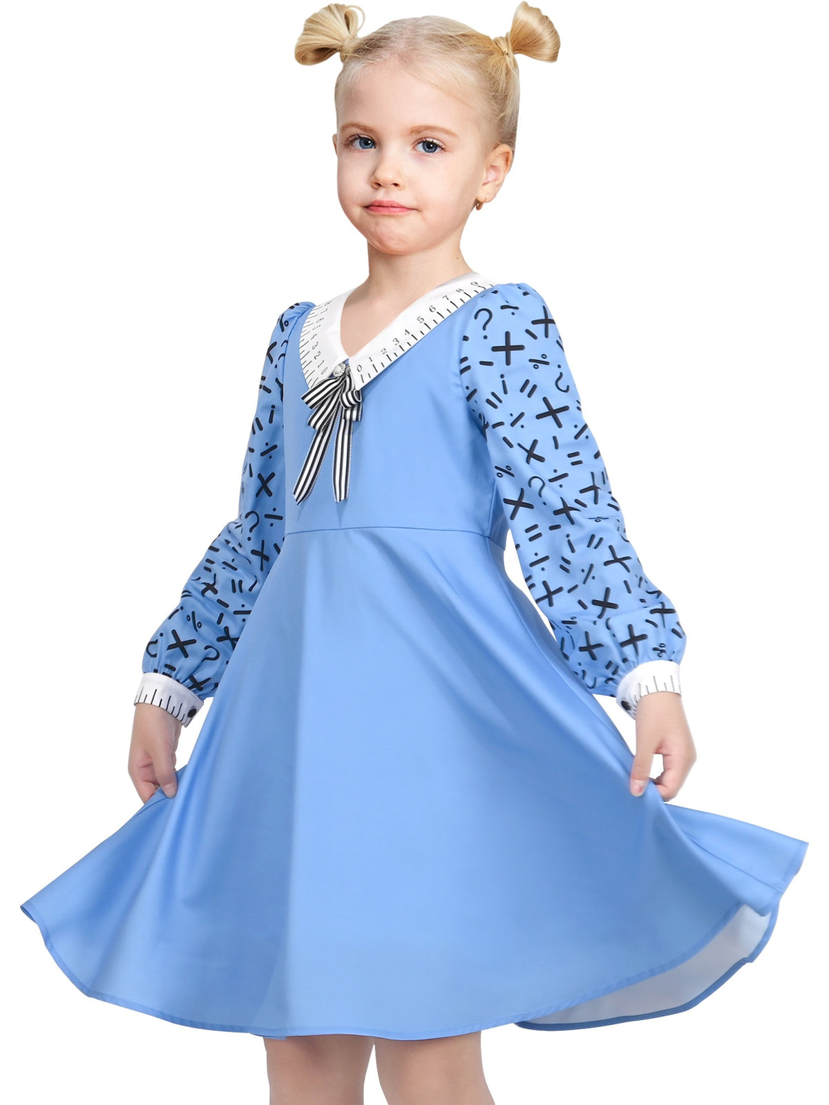 Girls Dress White Collar Back School Cotton Casual - Blue Ruler Print