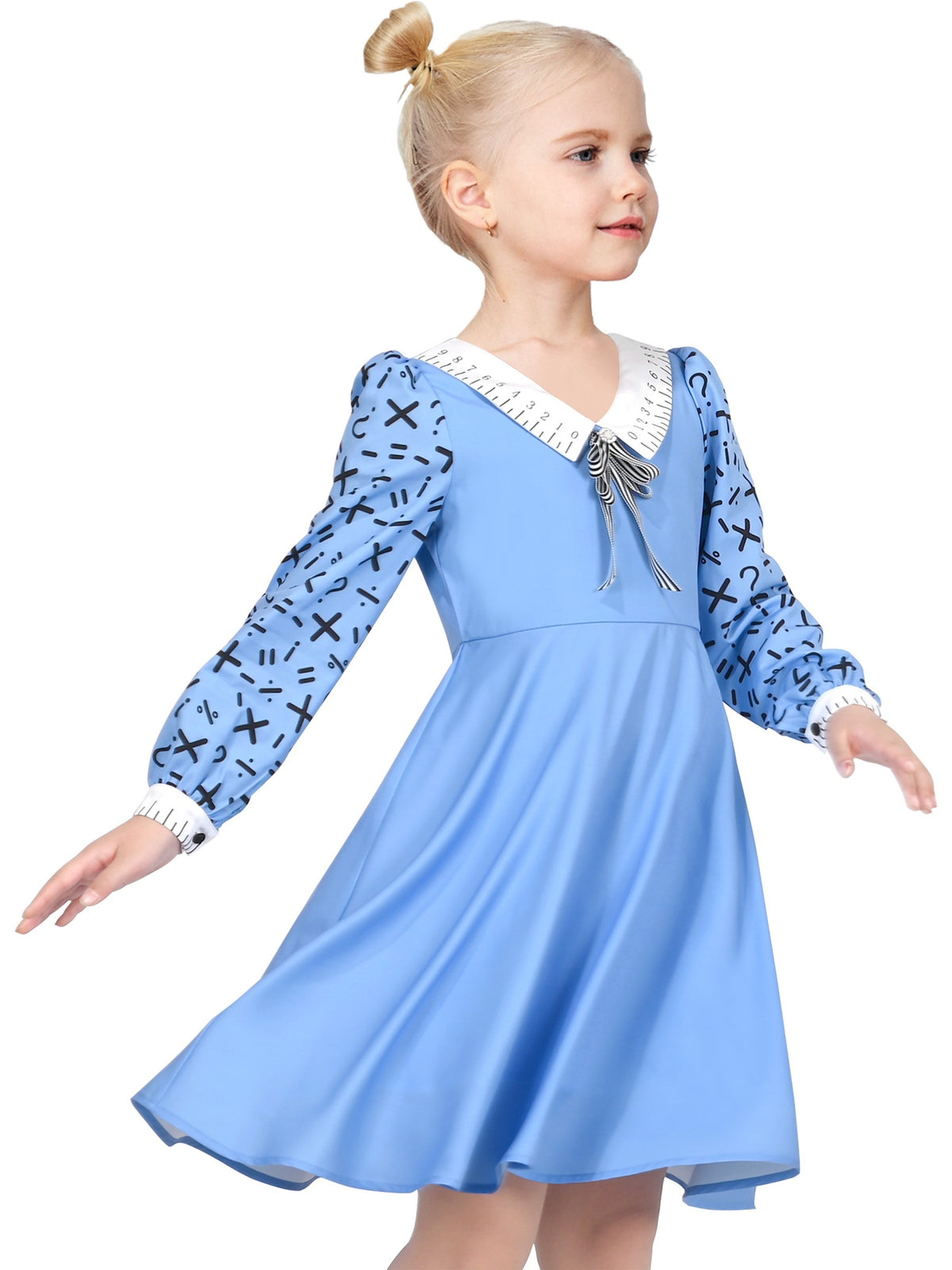 Girls Dress White Collar Back School Cotton Casual - Blue Ruler Print