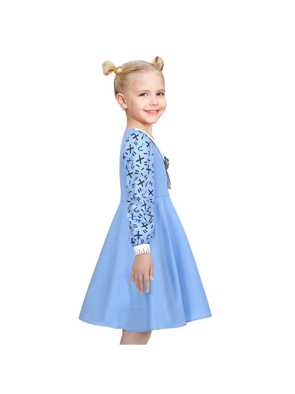 Girls Dress White Collar Back School Cotton Casual - Blue Ruler Print