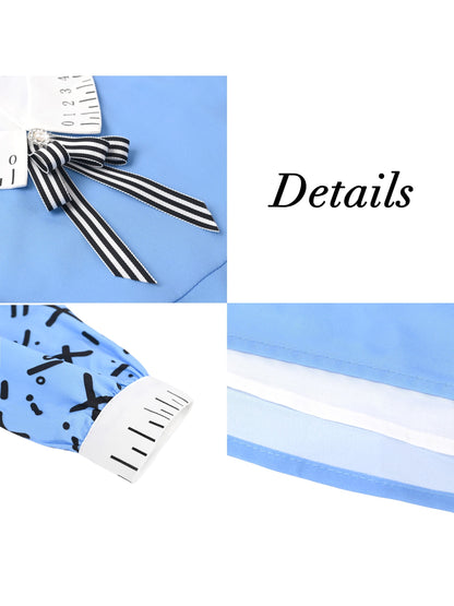 Girls Dress White Collar Back School Cotton Casual - Blue Ruler Print