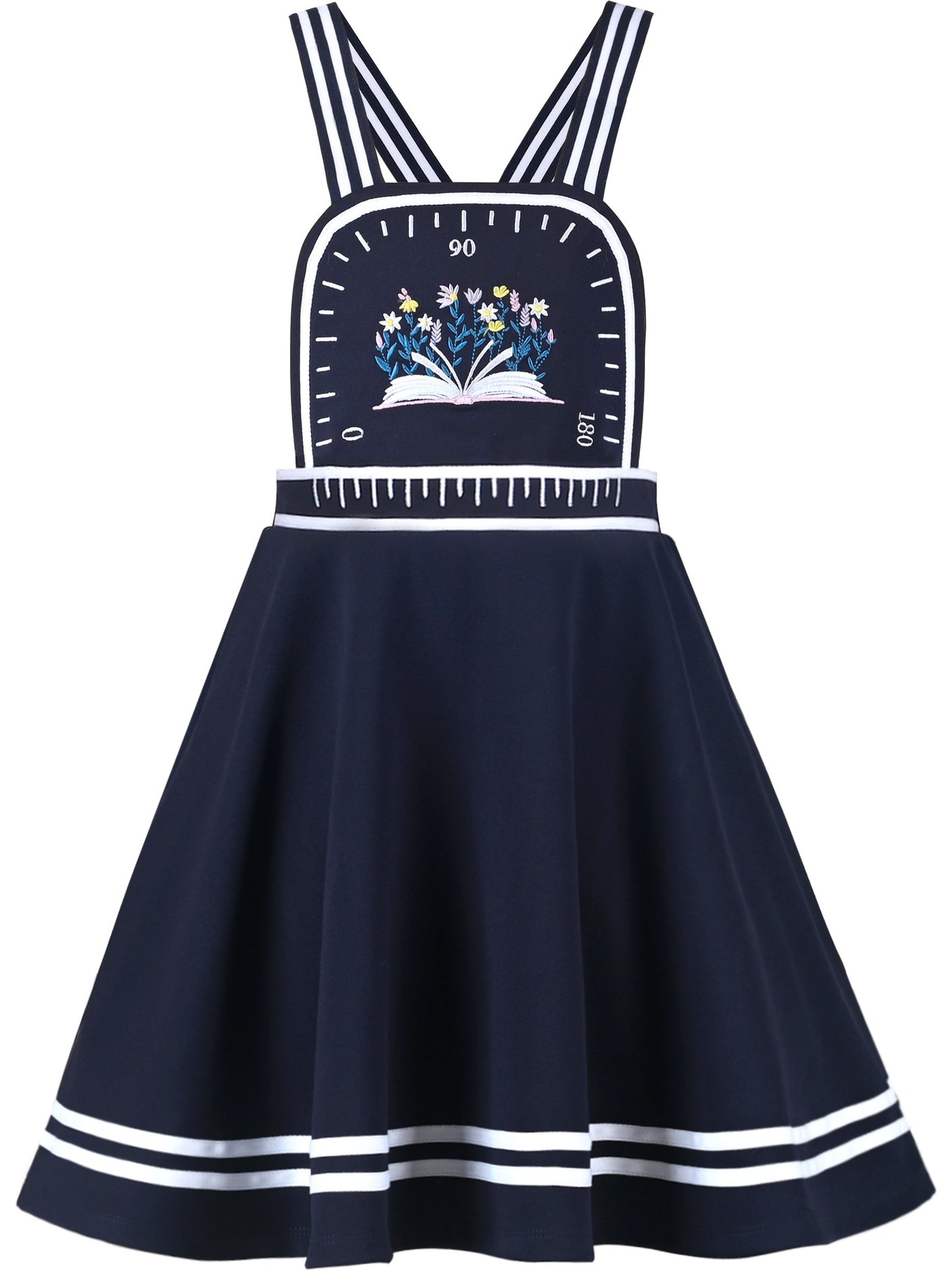 Girls Dress Blue Book Ruler Floral Spaghetti Strap Criss Cross School Blue