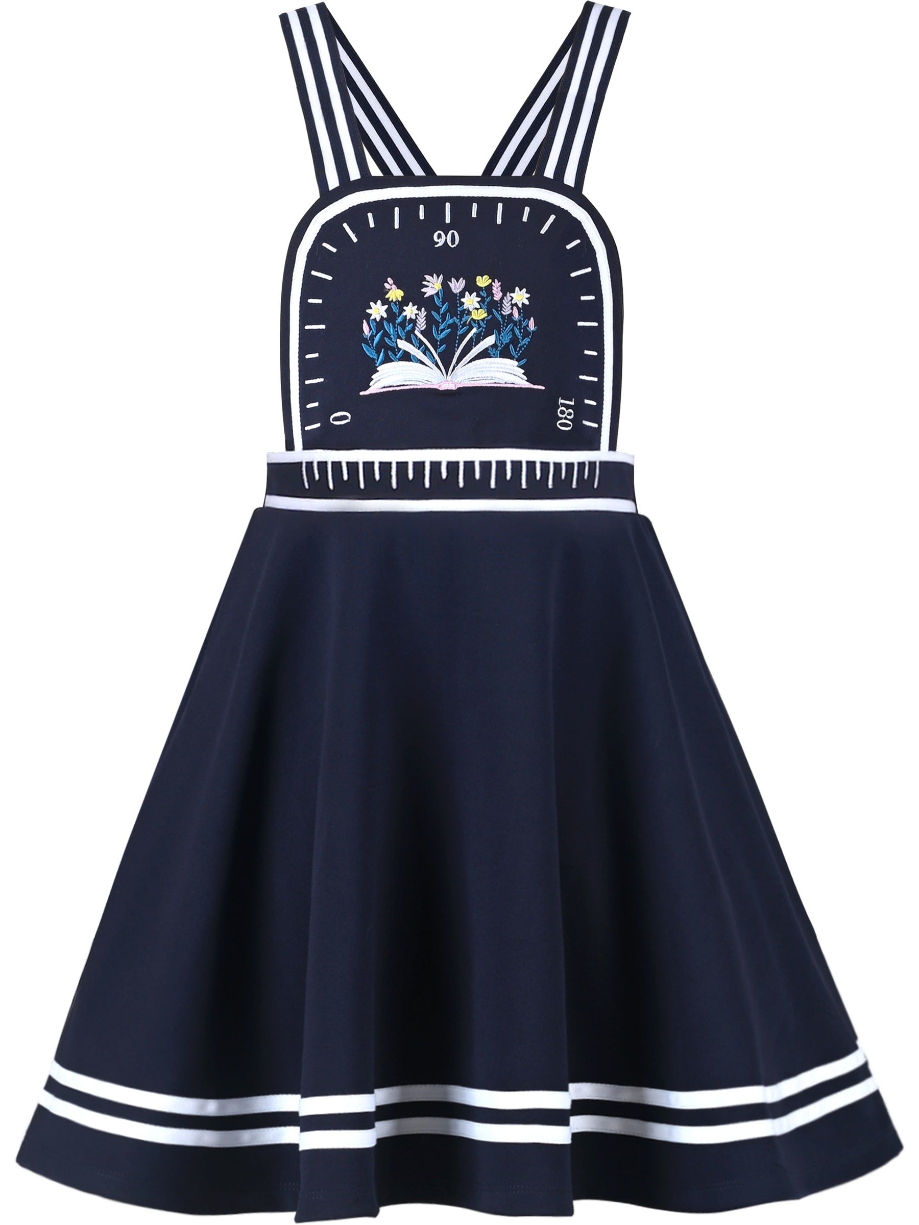 Girls Dress Blue Book Ruler Floral Spaghetti Strap Criss Cross School Blue