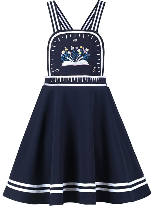 Girls Dress Blue Book Ruler Floral Spaghetti Strap Criss Cross School Blue