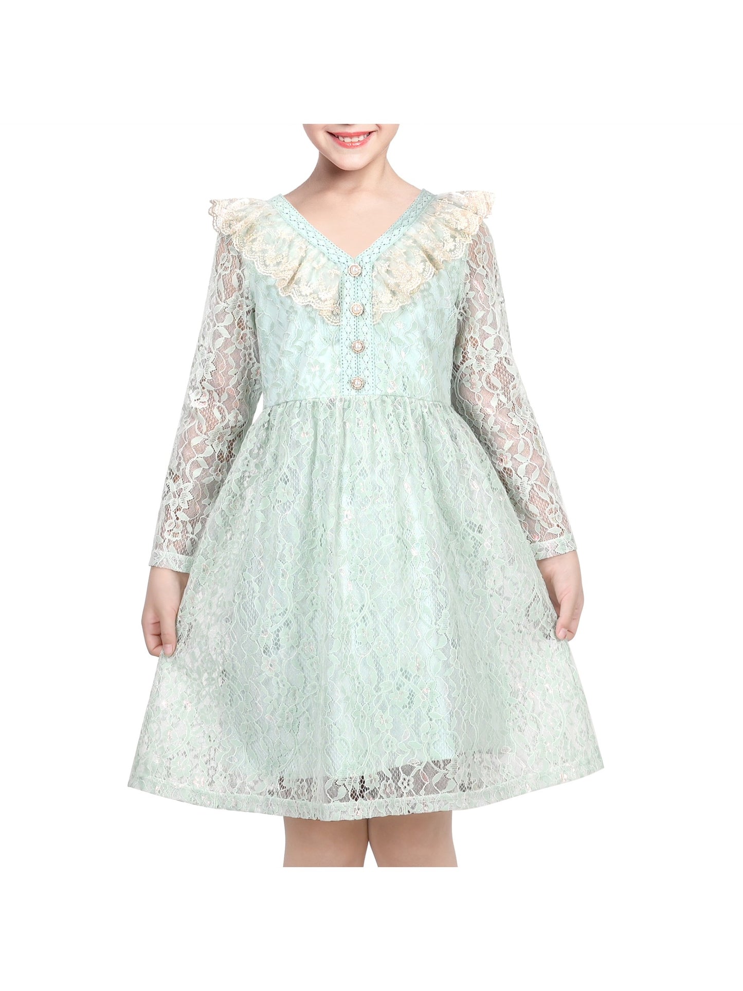 Girls Dress Flower Lace White Collar Skirt Dress Green