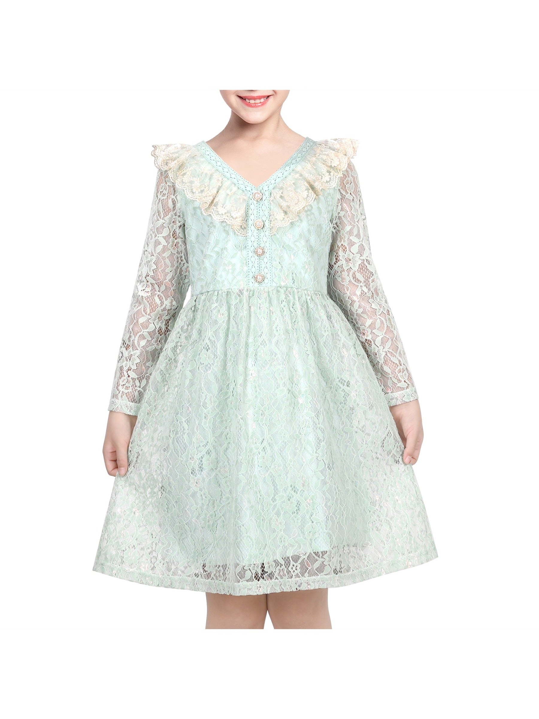 Girls Dress Flower Lace White Collar Skirt Dress Green
