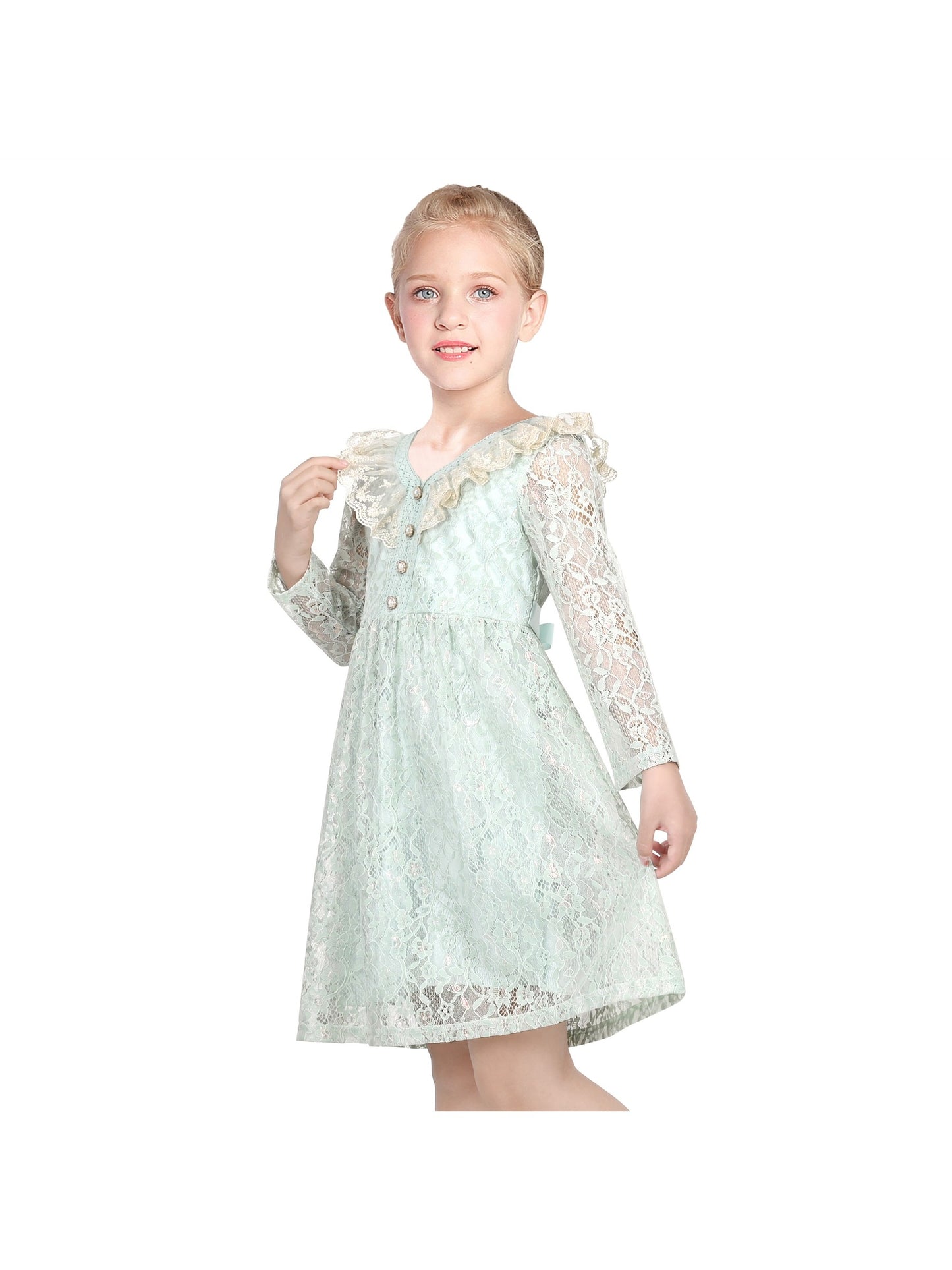 Girls Dress Flower Lace White Collar Skirt Dress Green