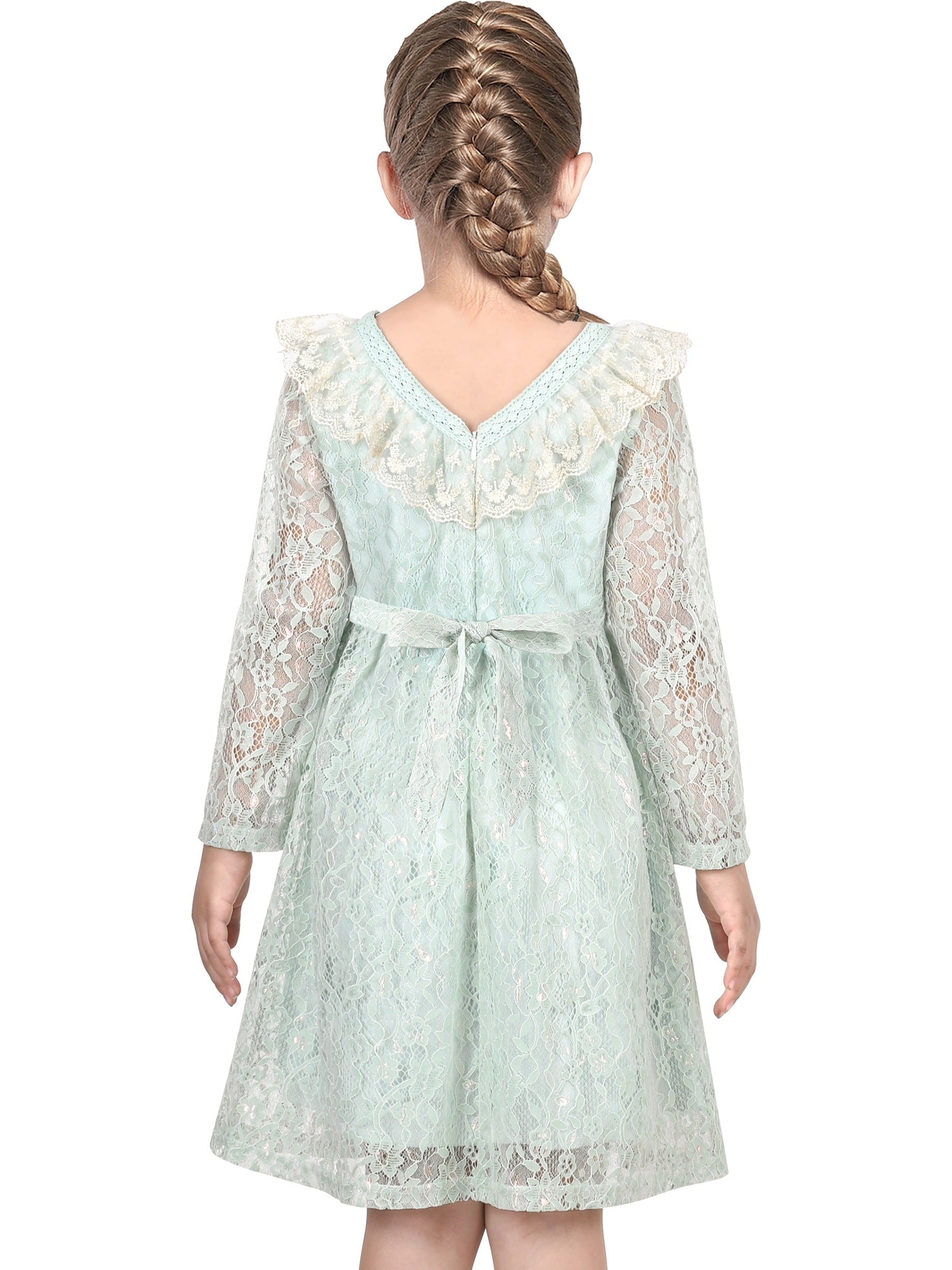 Girls Dress Flower Lace White Collar Skirt Dress Green