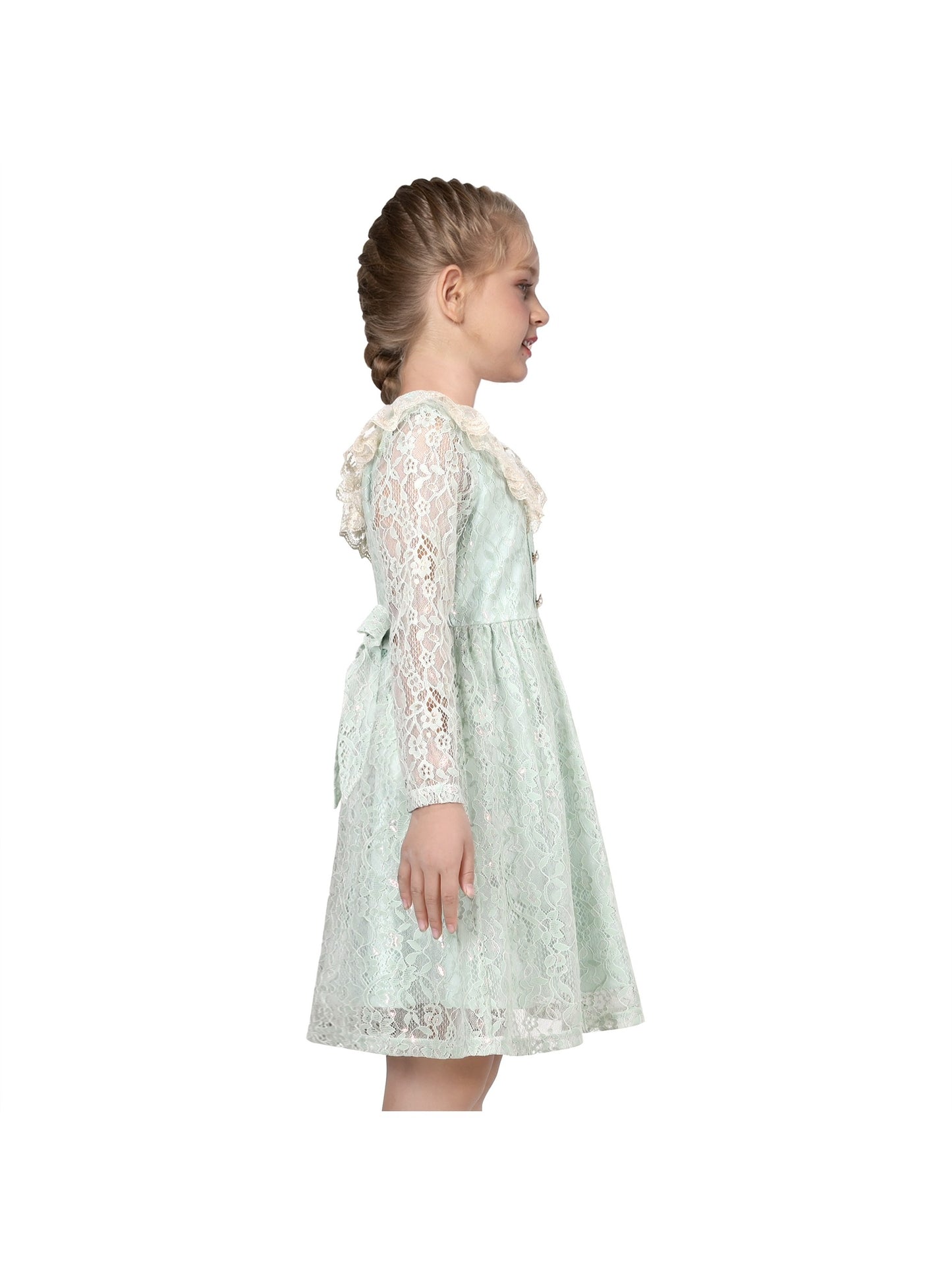 Girls Dress Flower Lace White Collar Skirt Dress Green