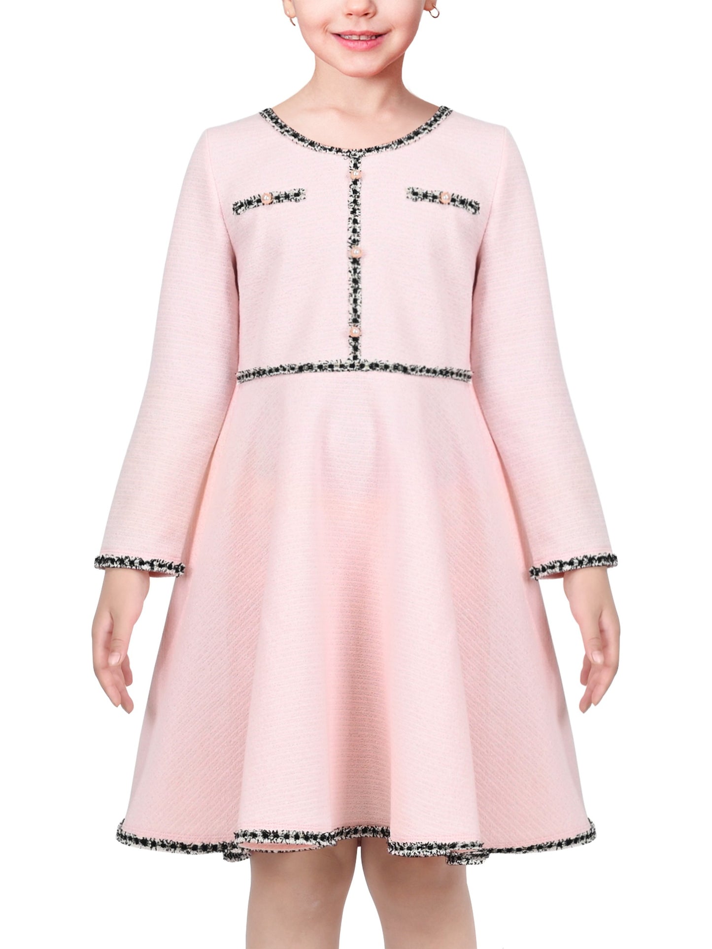 Girls Dress Rose Pink Cable Knit Striped Casual Long Sleeve Cotton Pink