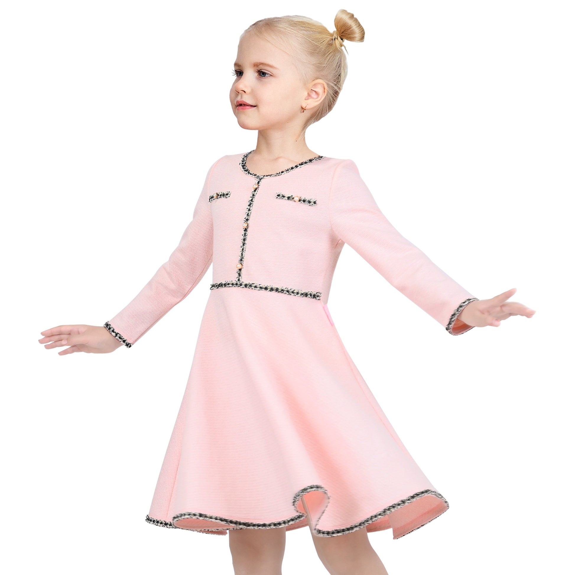 Girls Dress Rose Pink Cable Knit Striped Casual Long Sleeve Cotton Pink