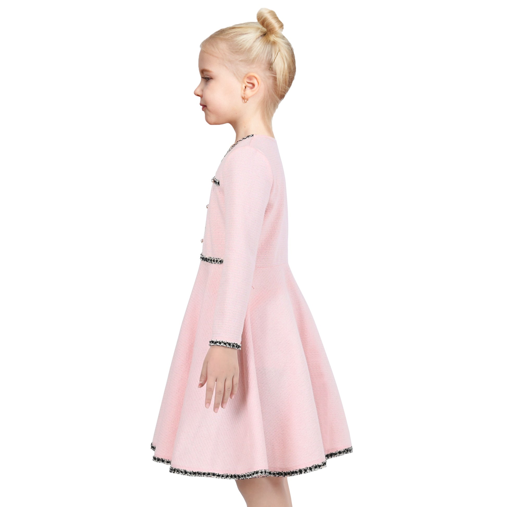 Girls Dress Rose Pink Cable Knit Striped Casual Long Sleeve Cotton Pink