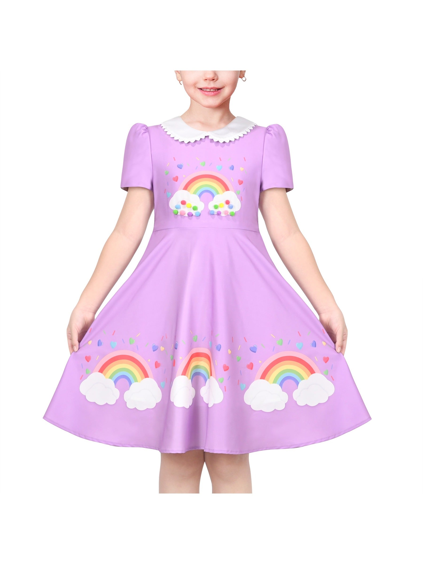 Girls Dress Purple Rainbow White Collar Short Sleeve Casual Birthday Purple