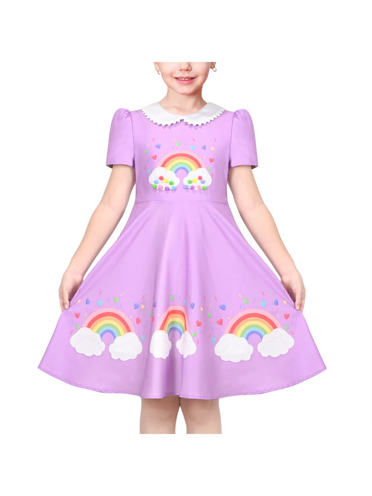 Girls Dress Purple Rainbow White Collar Short Sleeve Casual Birthday Purple