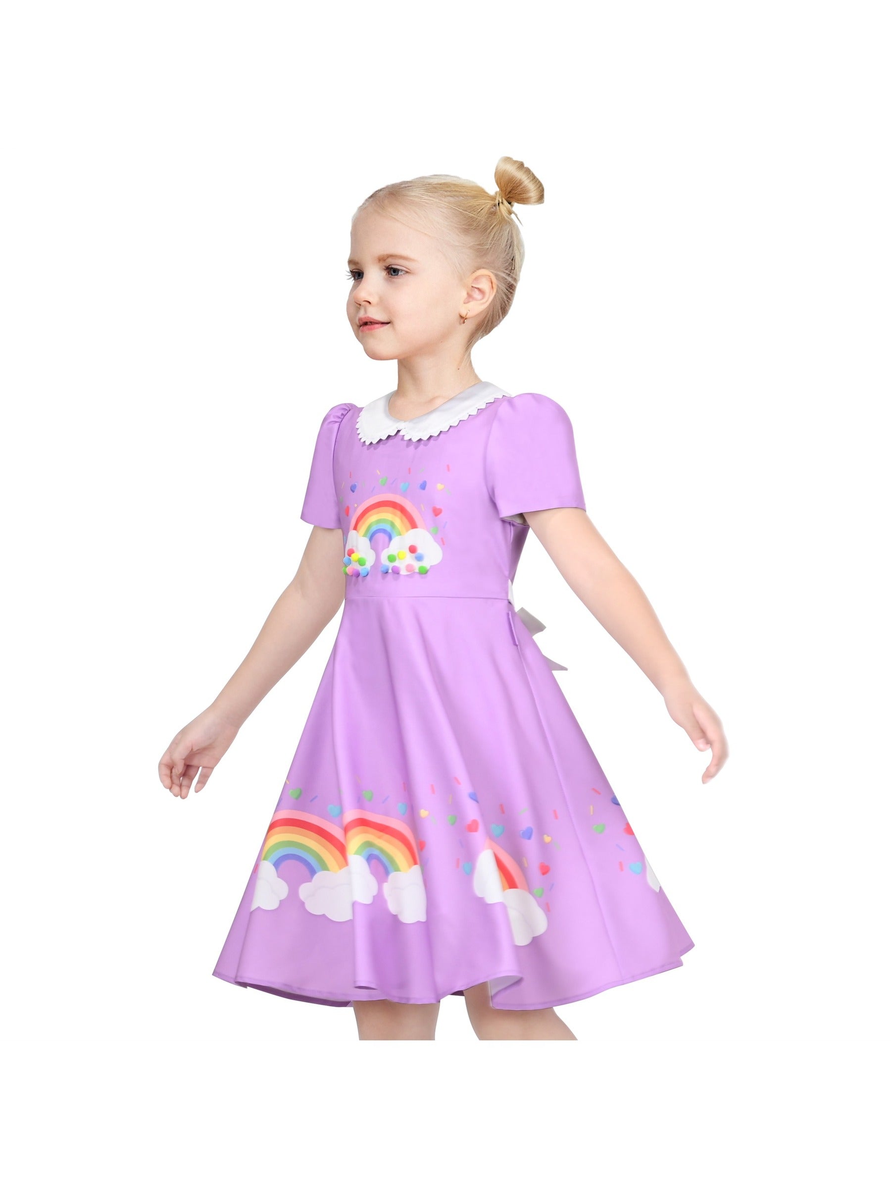 Girls Dress Purple Rainbow White Collar Short Sleeve Casual Birthday Purple