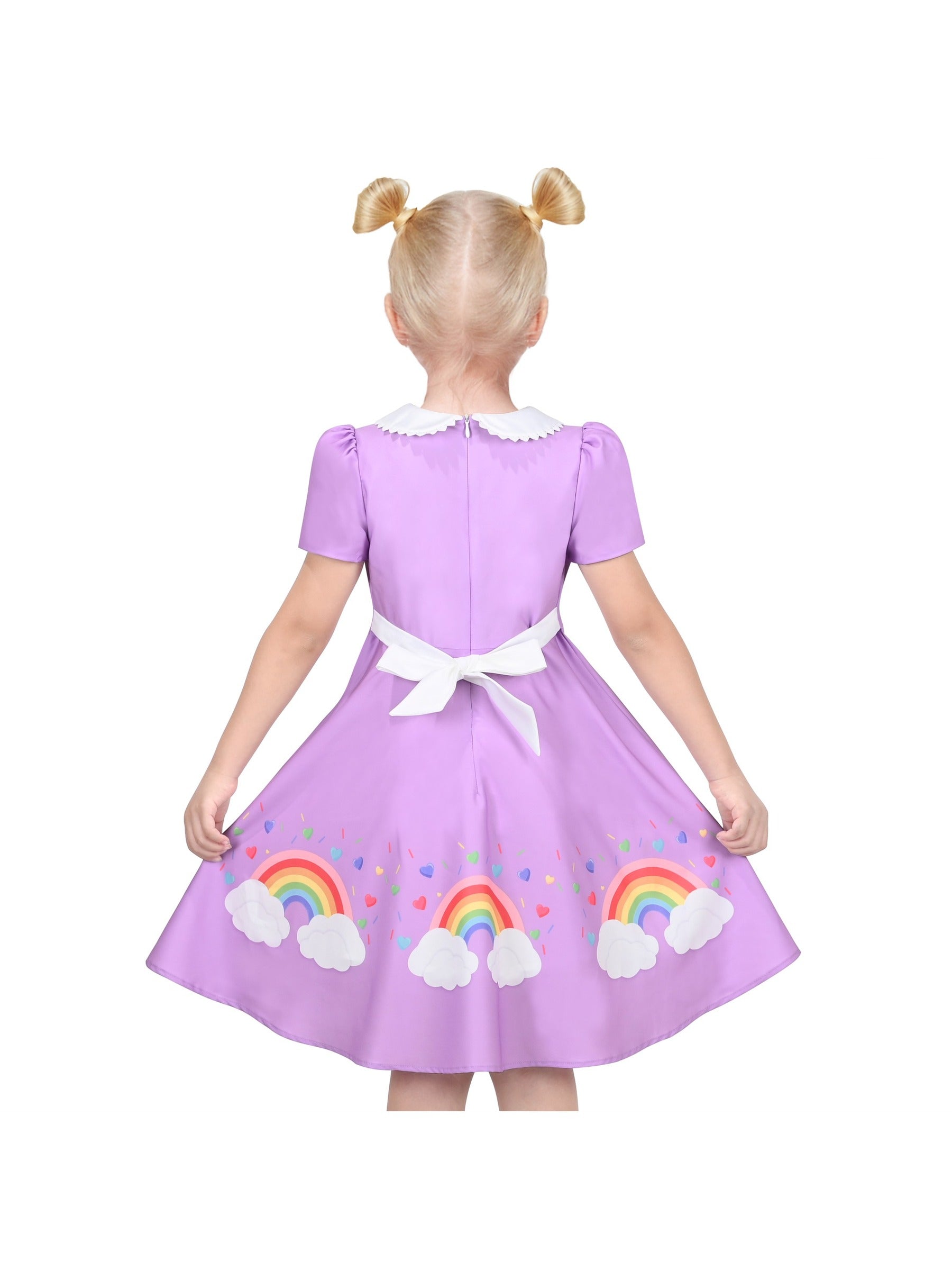Girls Dress Purple Rainbow White Collar Short Sleeve Casual Birthday Purple