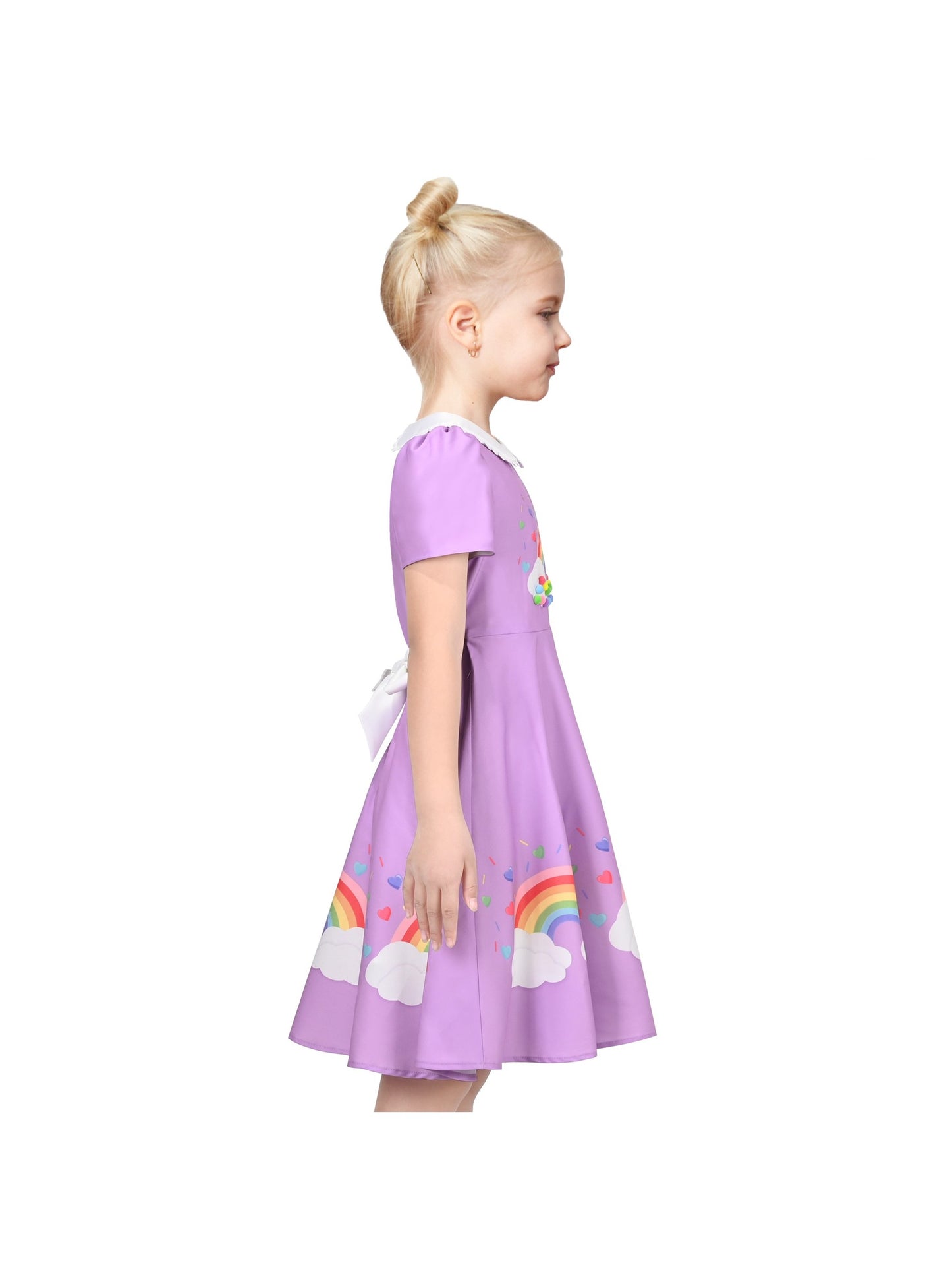 Girls Dress Purple Rainbow White Collar Short Sleeve Casual Birthday Purple