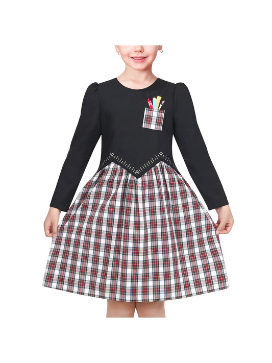 Girls Dress Black Pencil Ruler Red Check Plaid School Casual Long Sleeve Black