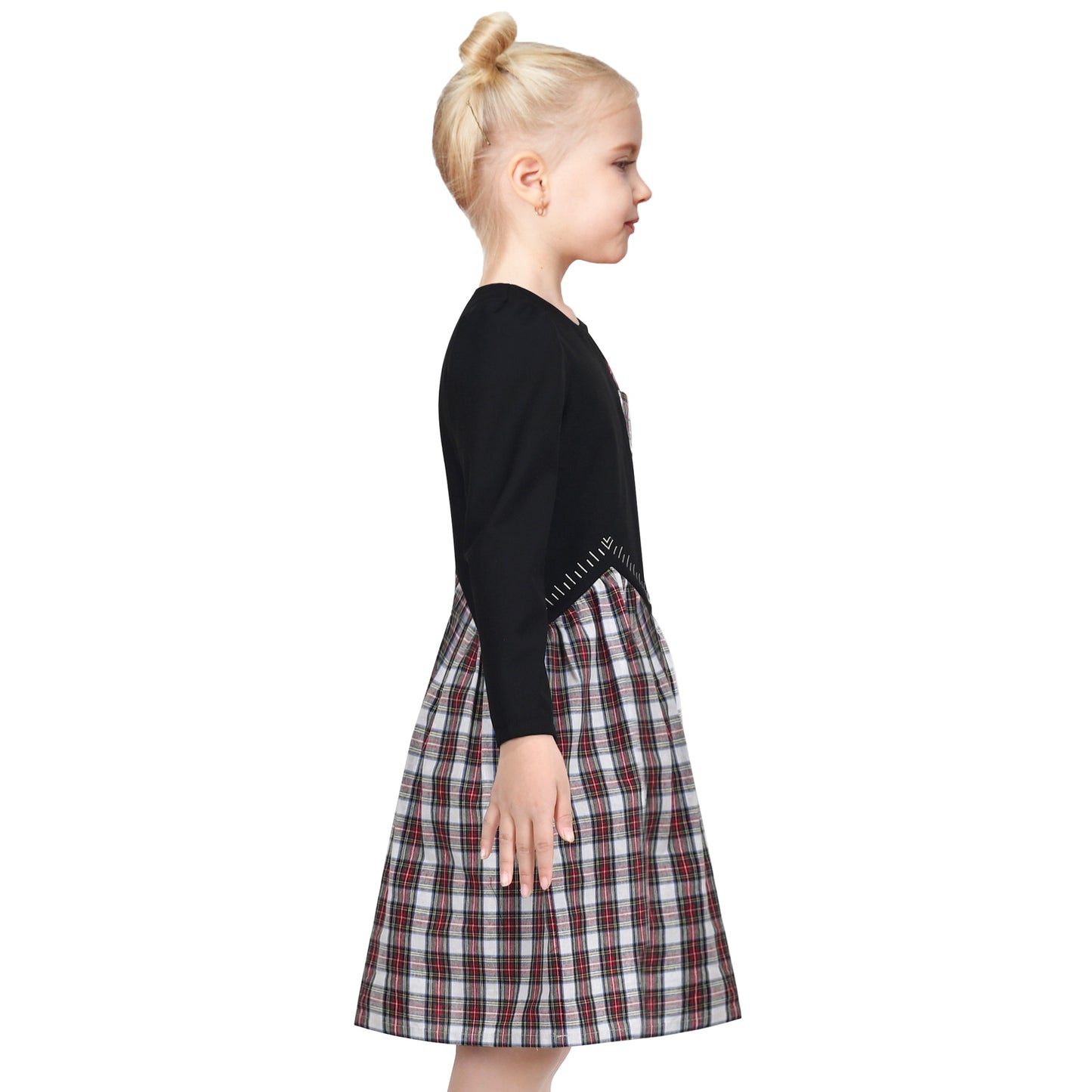 Girls Dress Black Pencil Ruler Red Check Plaid School Casual Long Sleeve Black