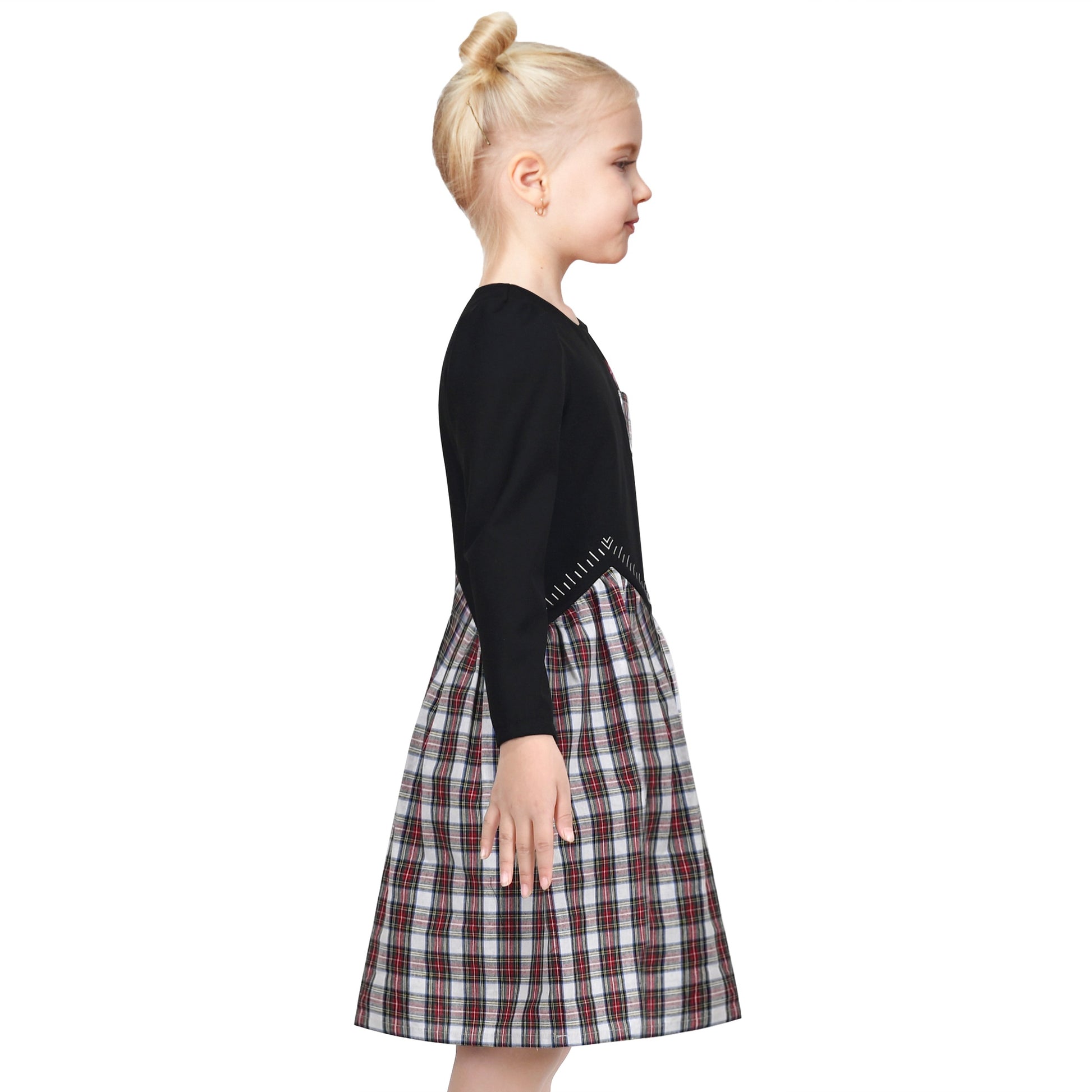 Girls Dress Black Pencil Ruler Red Check Plaid School Casual Long Sleeve Black