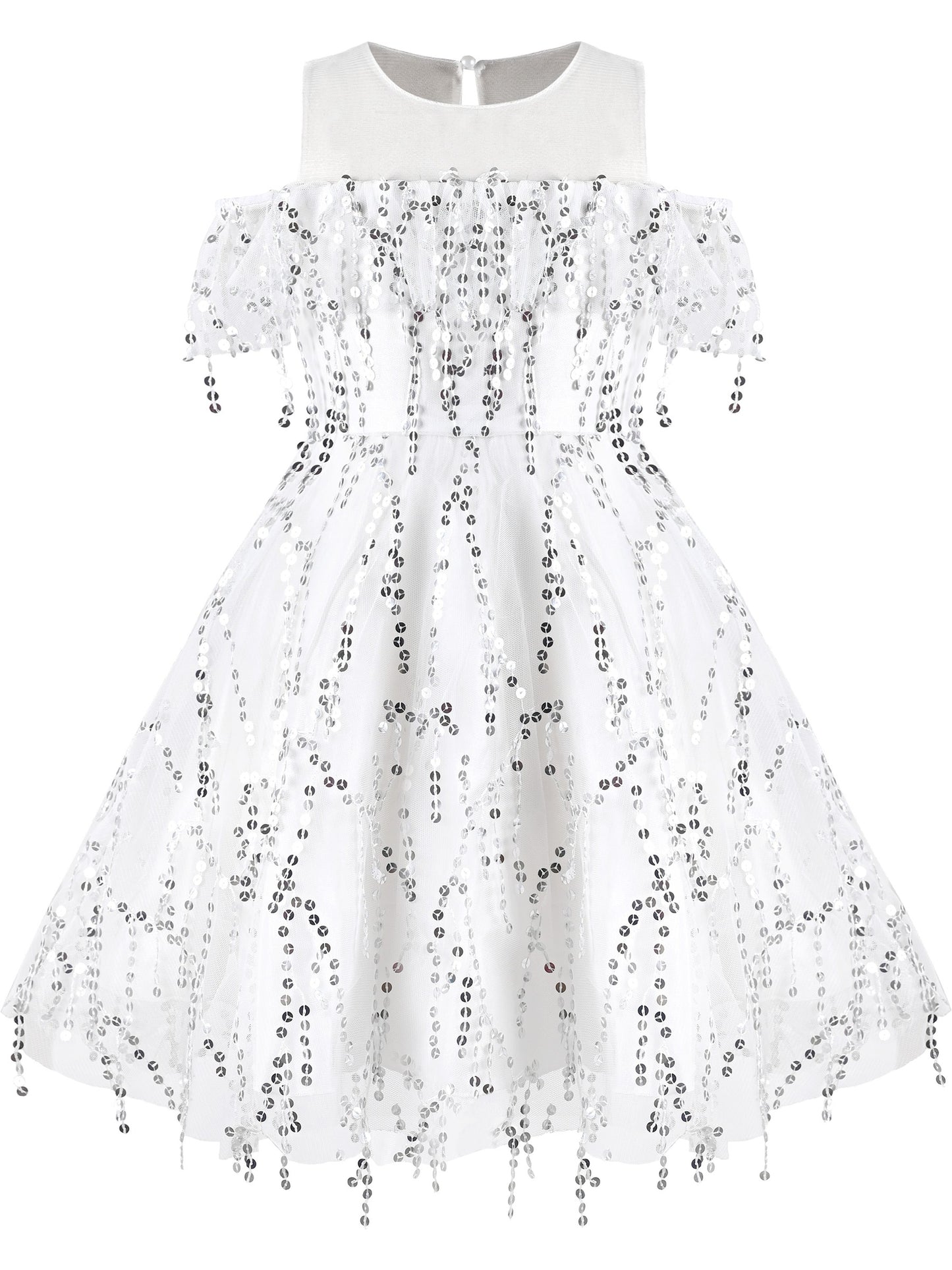 Girls Dress Cold Shoulder Sleeveless Lace Flower Ruffle White