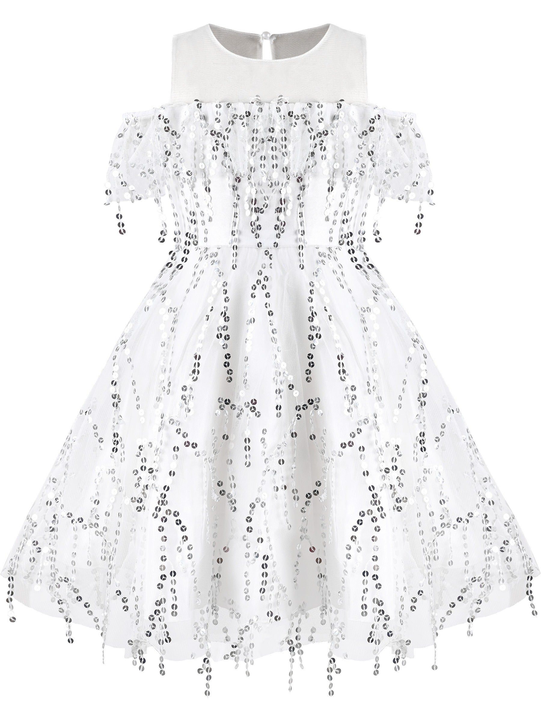 Girls Dress Cold Shoulder Sleeveless Lace Flower Ruffle White