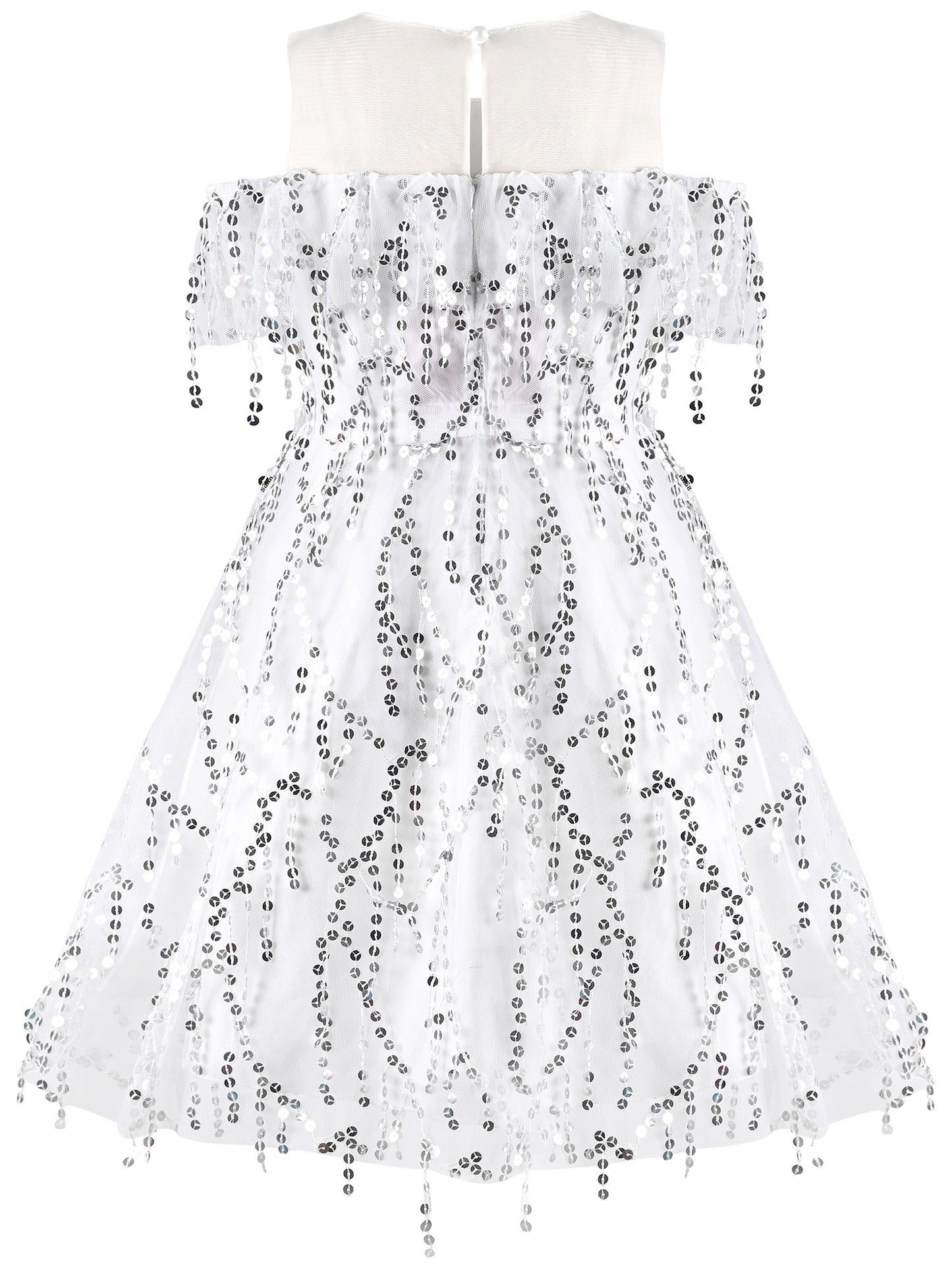 Girls Dress Cold Shoulder Sleeveless Lace Flower Ruffle White