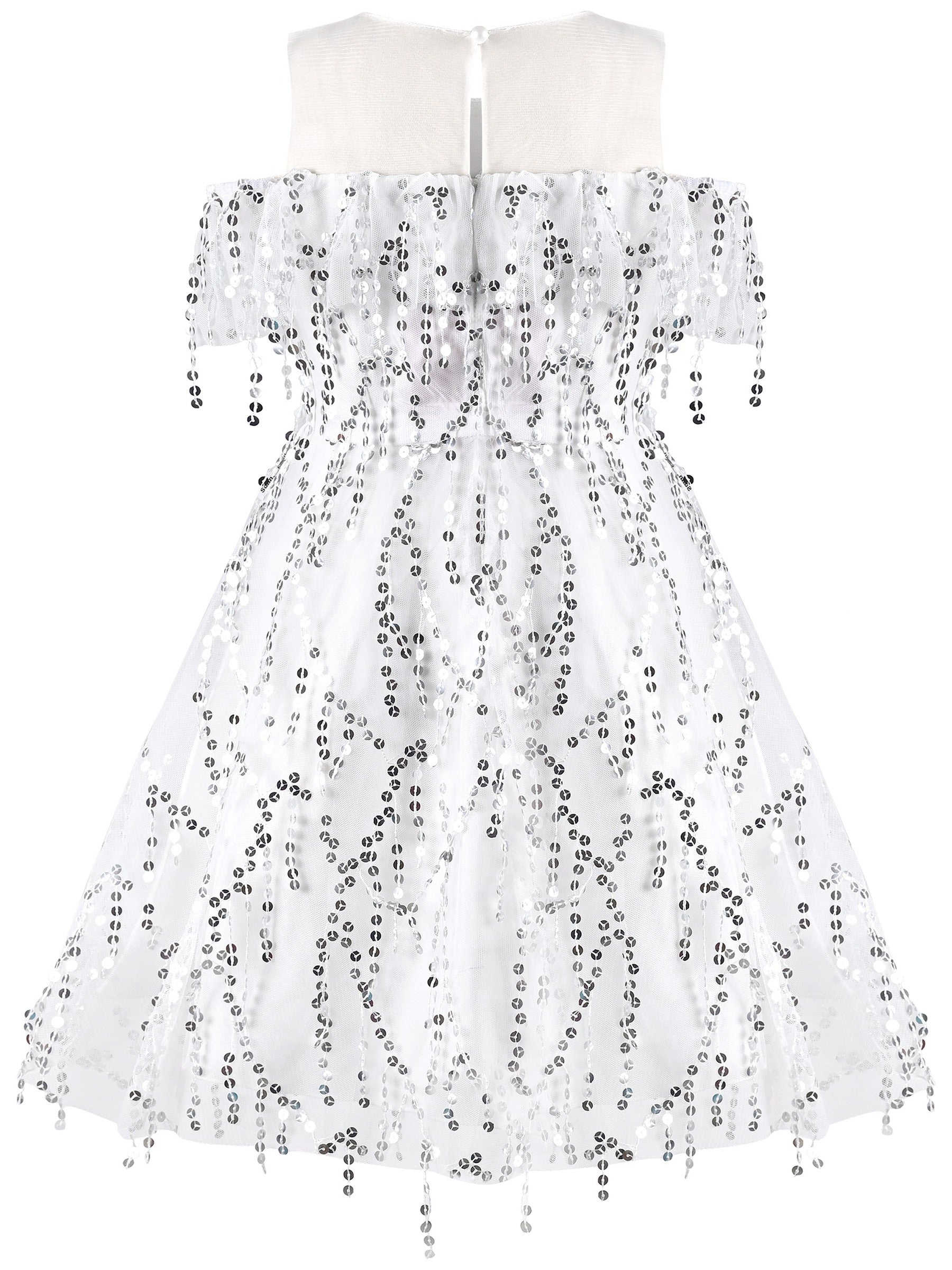 Girls Dress Cold Shoulder Sleeveless Lace Flower Ruffle White