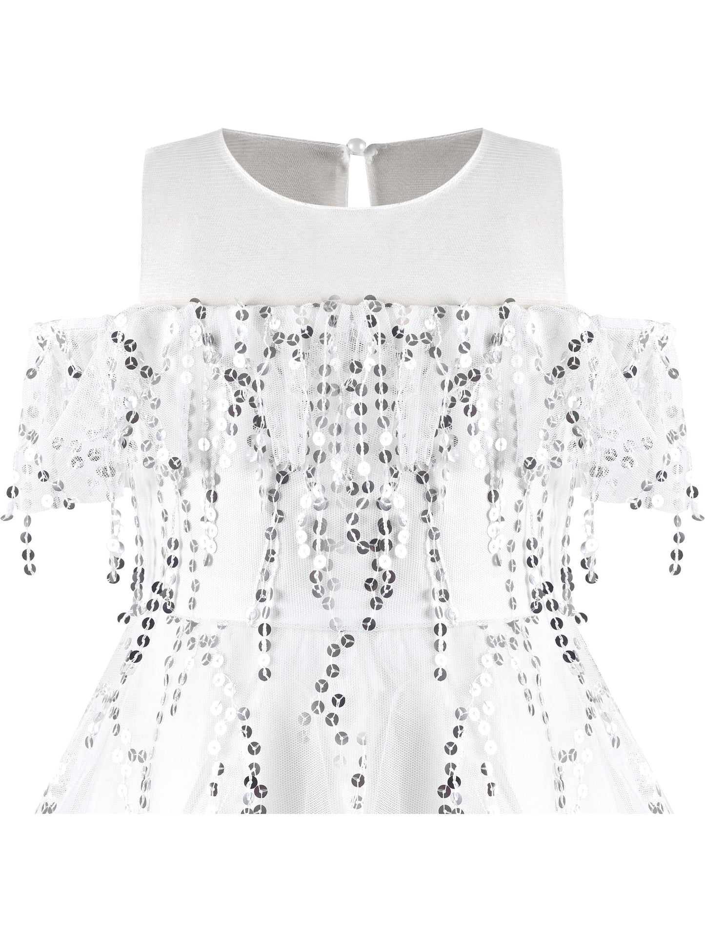 Girls Dress Cold Shoulder Sleeveless Lace Flower Ruffle White