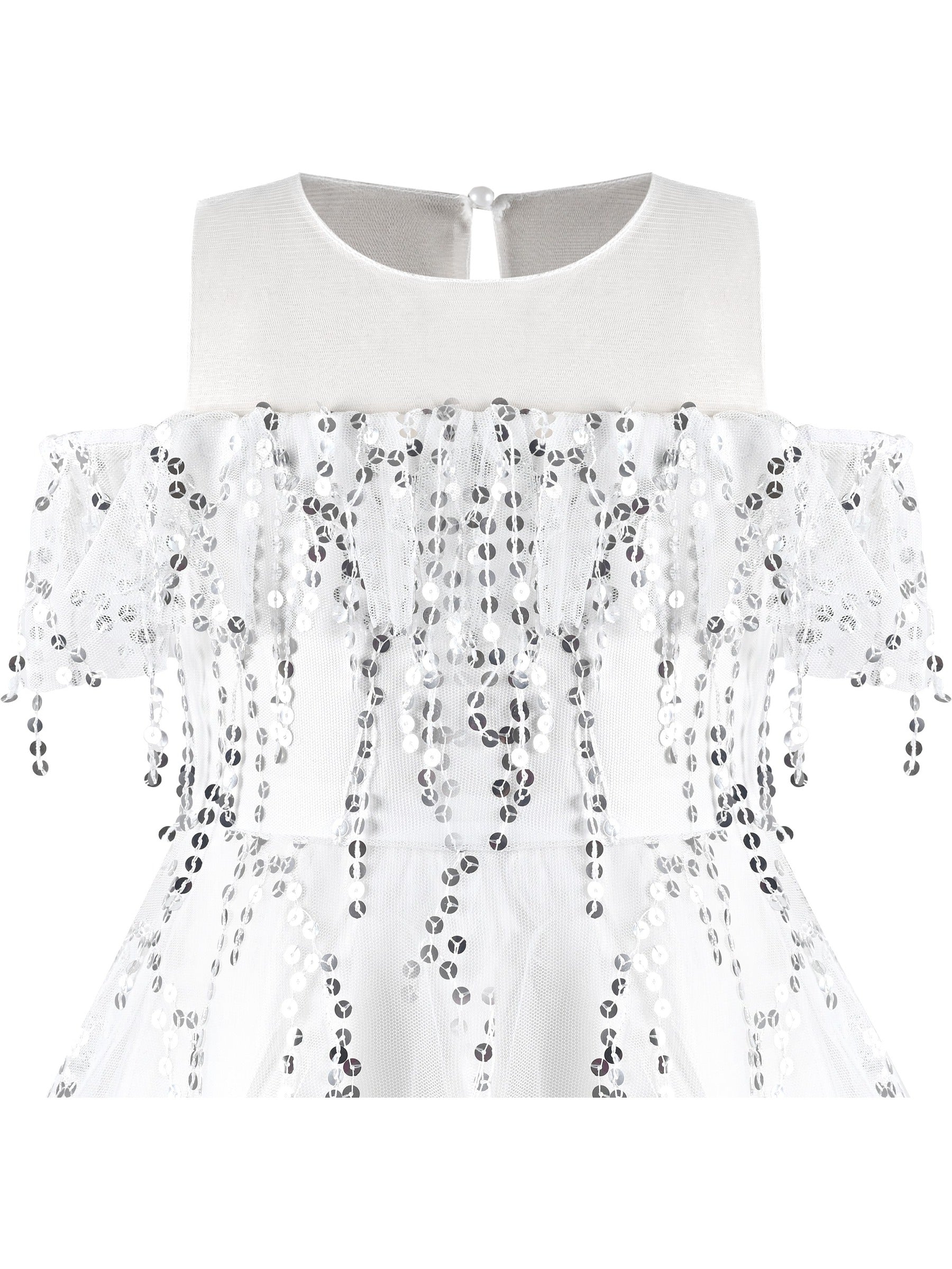 Girls Dress Cold Shoulder Sleeveless Lace Flower Ruffle White