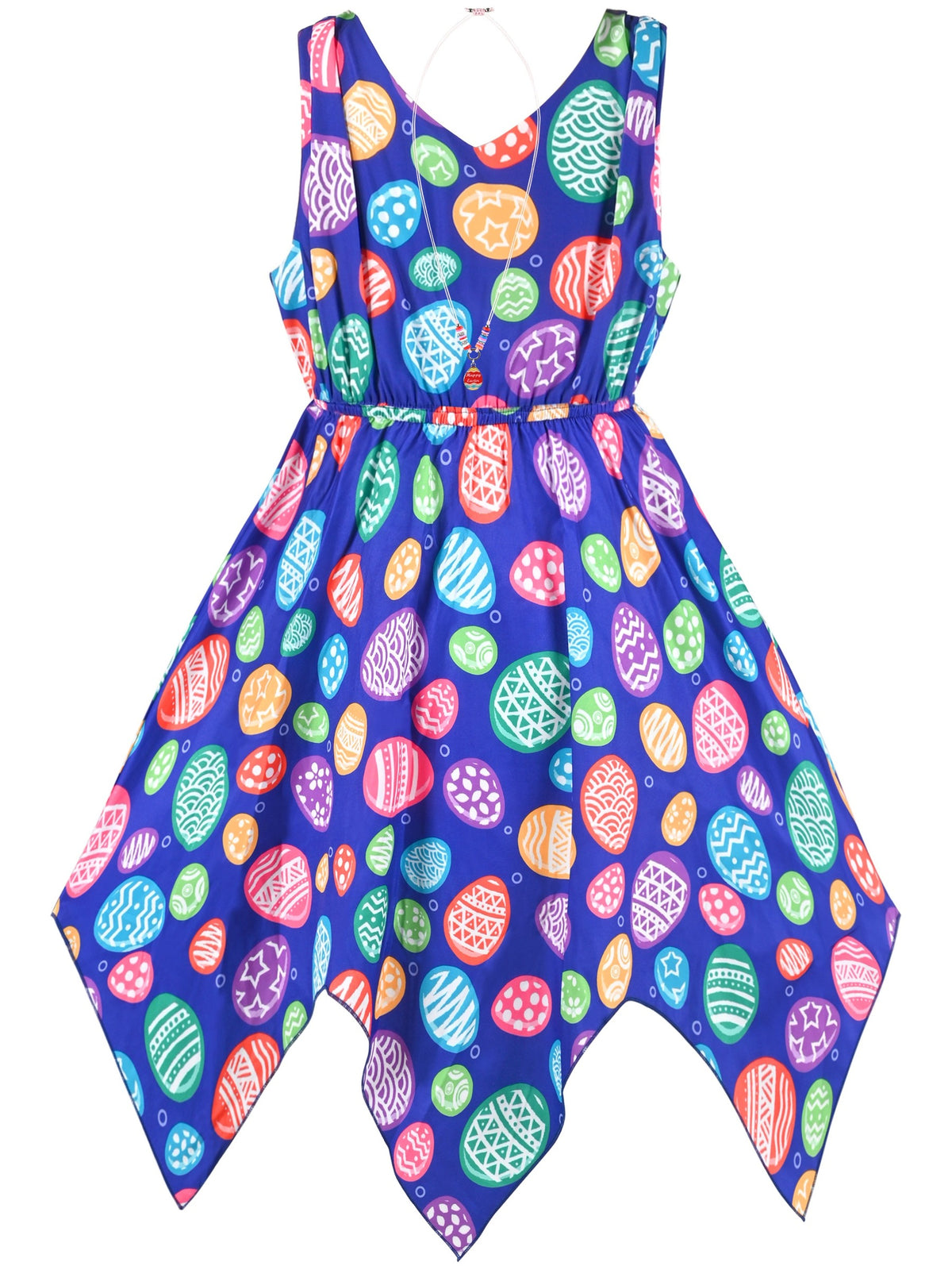 Girls Dress Sunflower Butterfly Hanky Hem Party Beach Necklace Sundress - Blue Easter Eggs