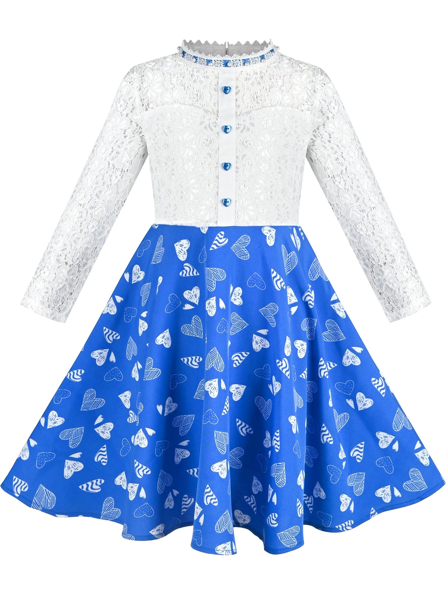 Girls Dress Lace Pearl Plum Blossom Elegant Princess Dress Blue